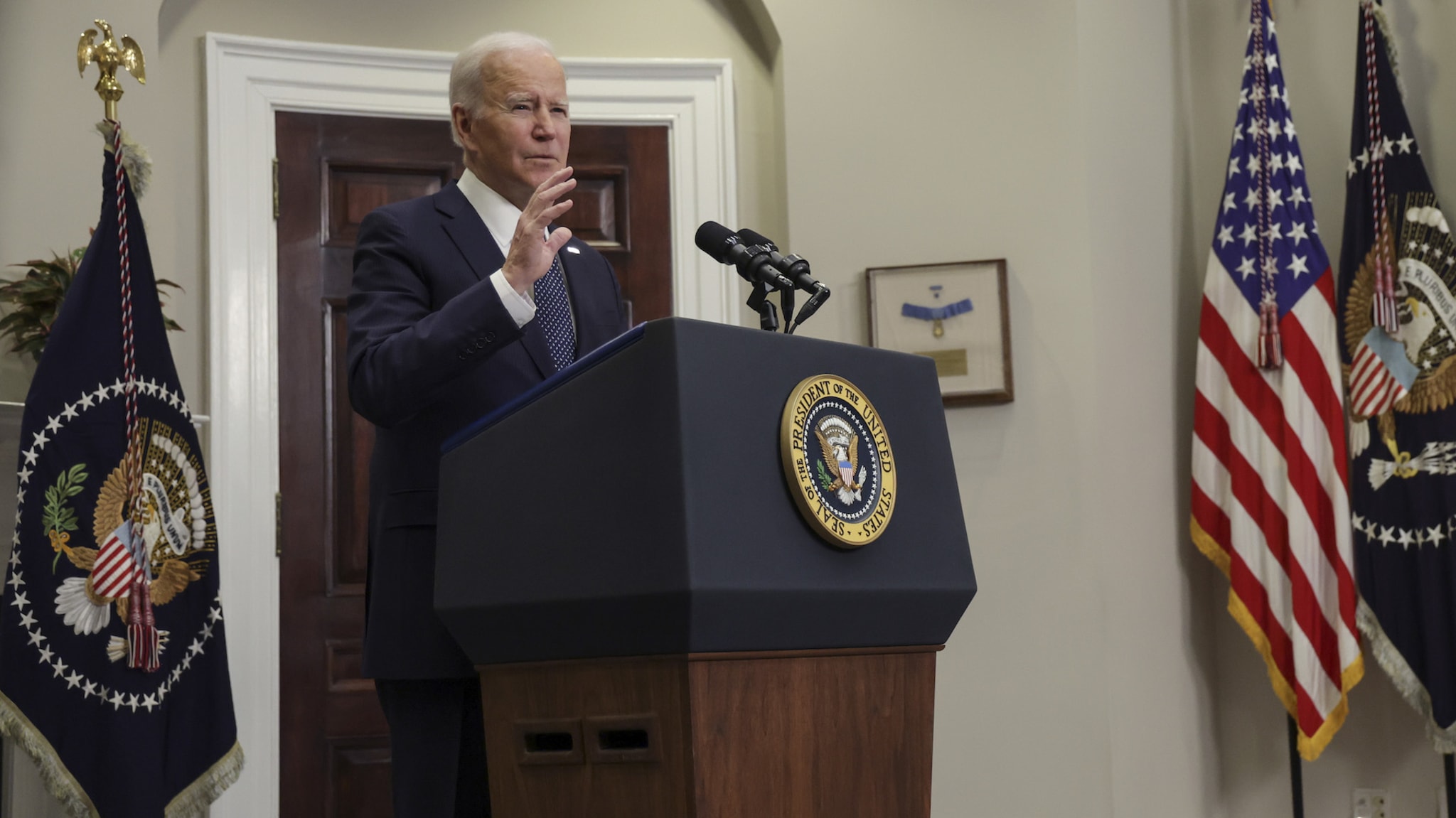 U.S. President Joe Biden arrives to speak to update the situation of the Ukraine-Russia border crisis.