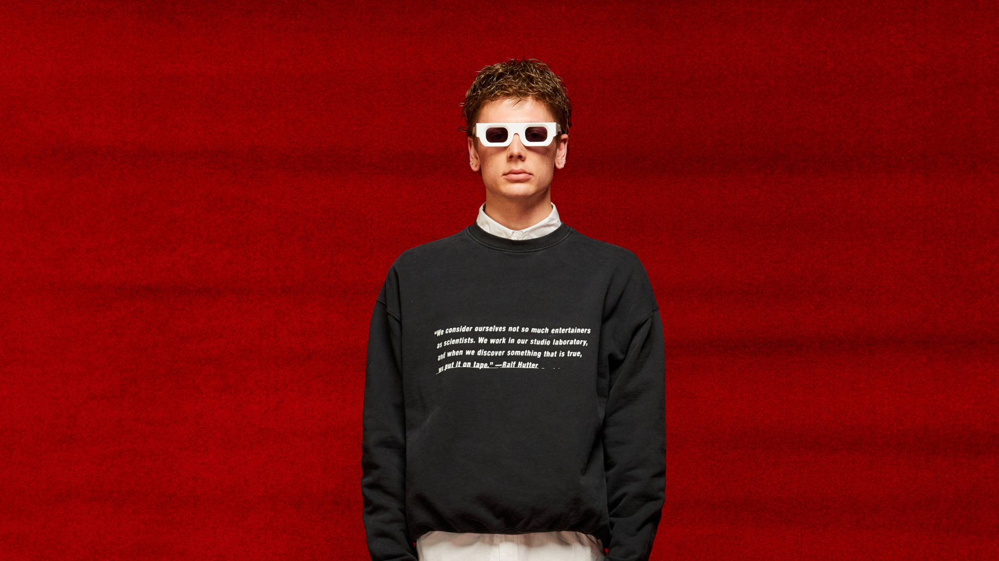 A person displaying a look from Mr. Saturday's Fall/Winter 2022 collection.
