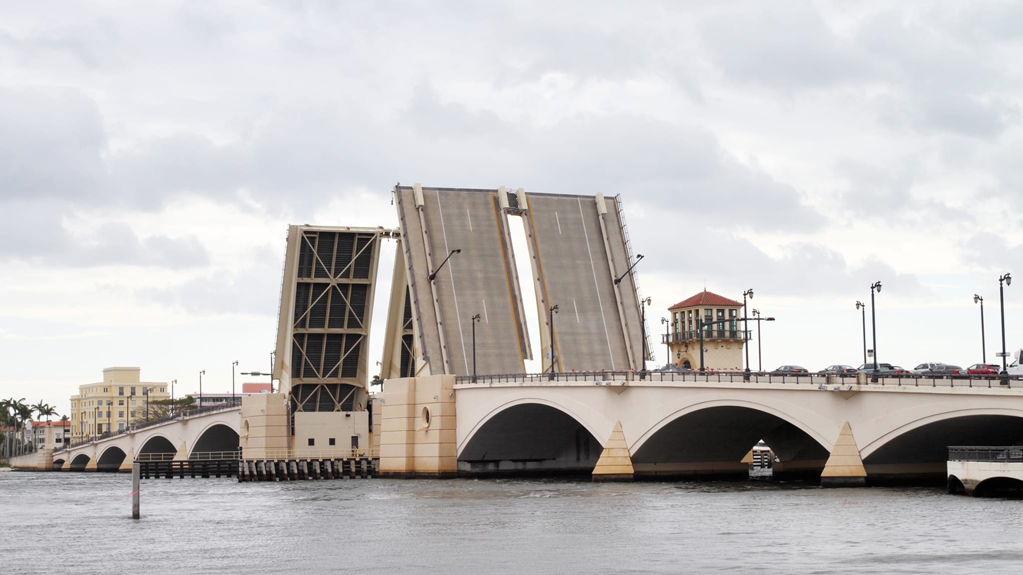 The Royal Park Bridge in Florida. Drawbridge opening on intracoastal waterway, as traffic is backed up on the bridge waiting.