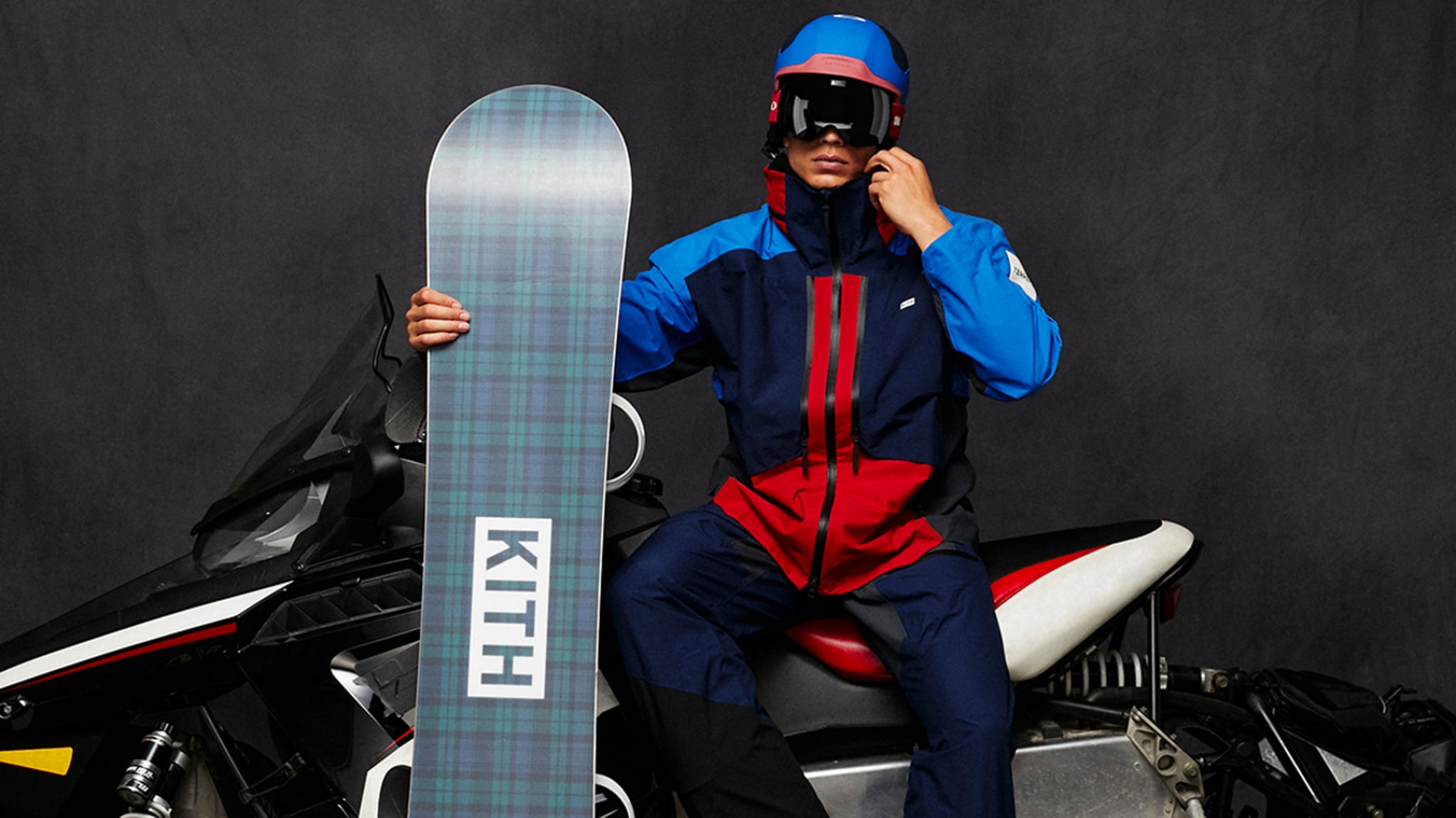 A model is seen wearing Kith and Adidas items.