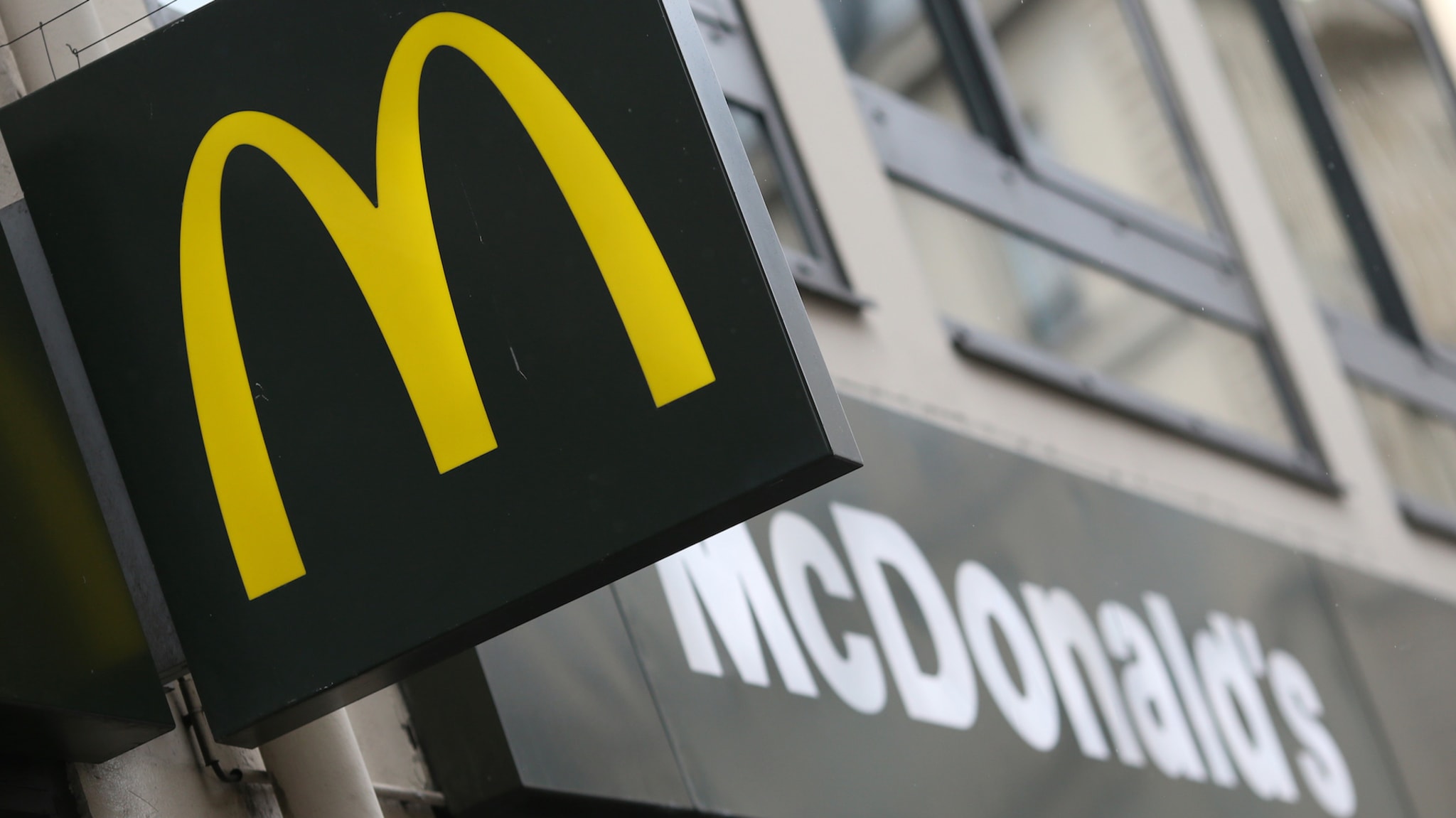 The logo of a US fast food restaurant McDonald's in Paris.