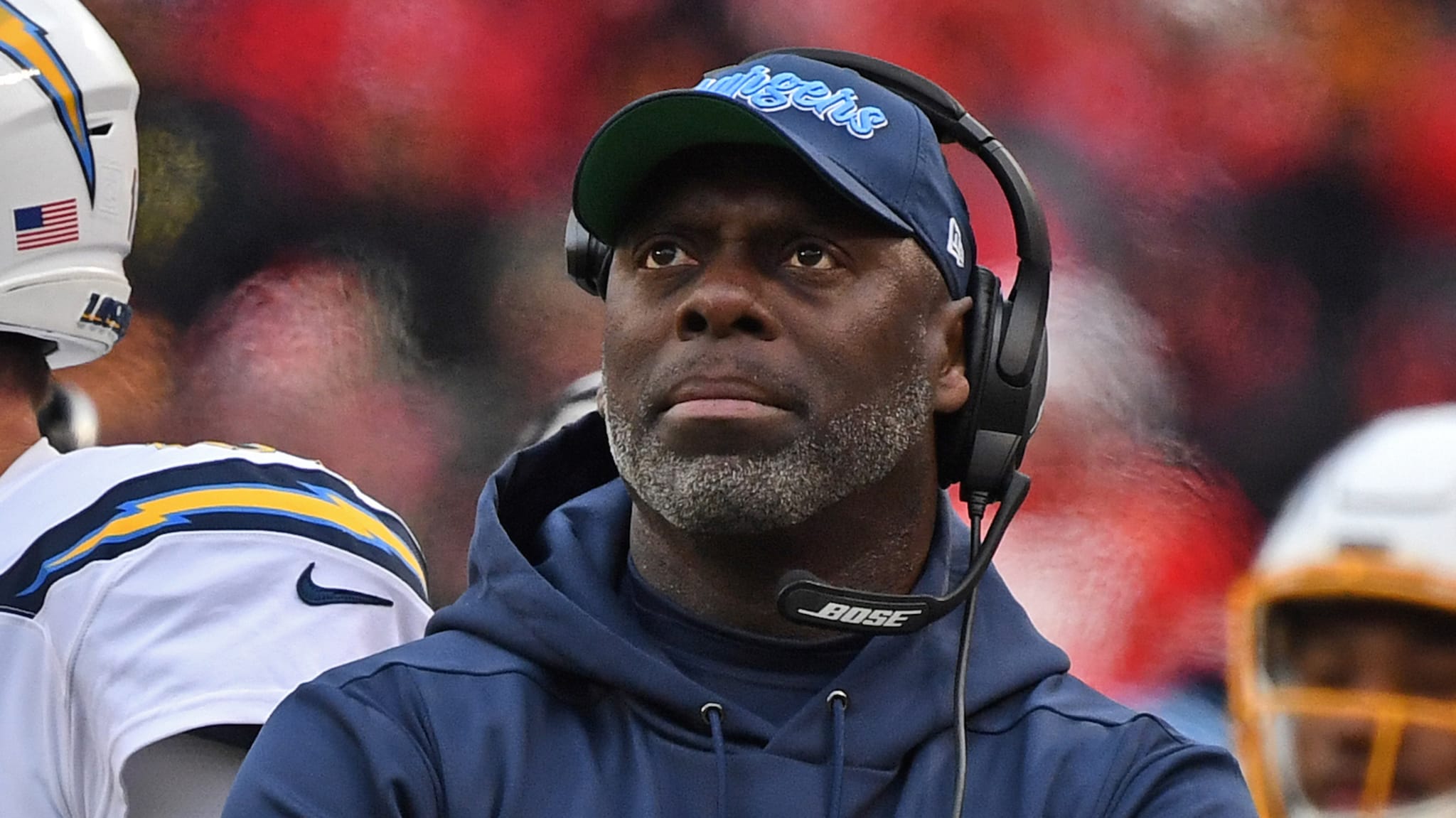 Head coach Anthony Lynn of the Los Angeles Chargers looks on