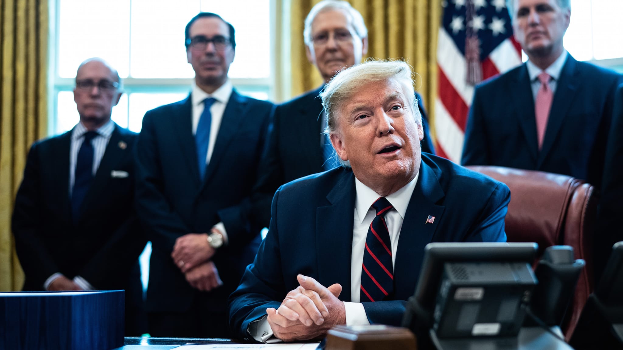 U.S. President Donald Trump speaks during a bill signing ceremony.