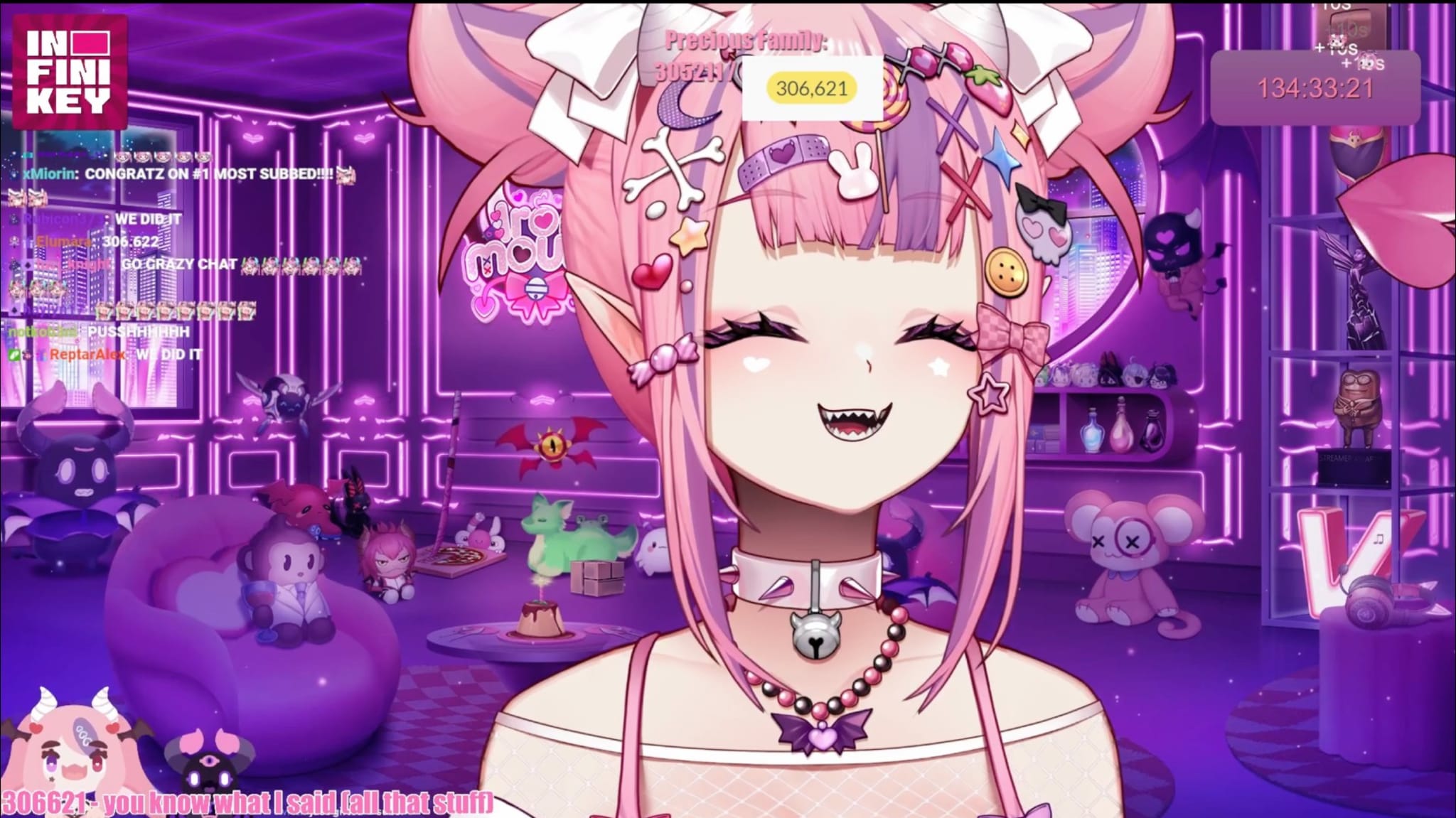 Twitch streamer Ironmouse smiles as she surpasses Kai Cenat's record for being the most subscribed broadcaster on the platform.