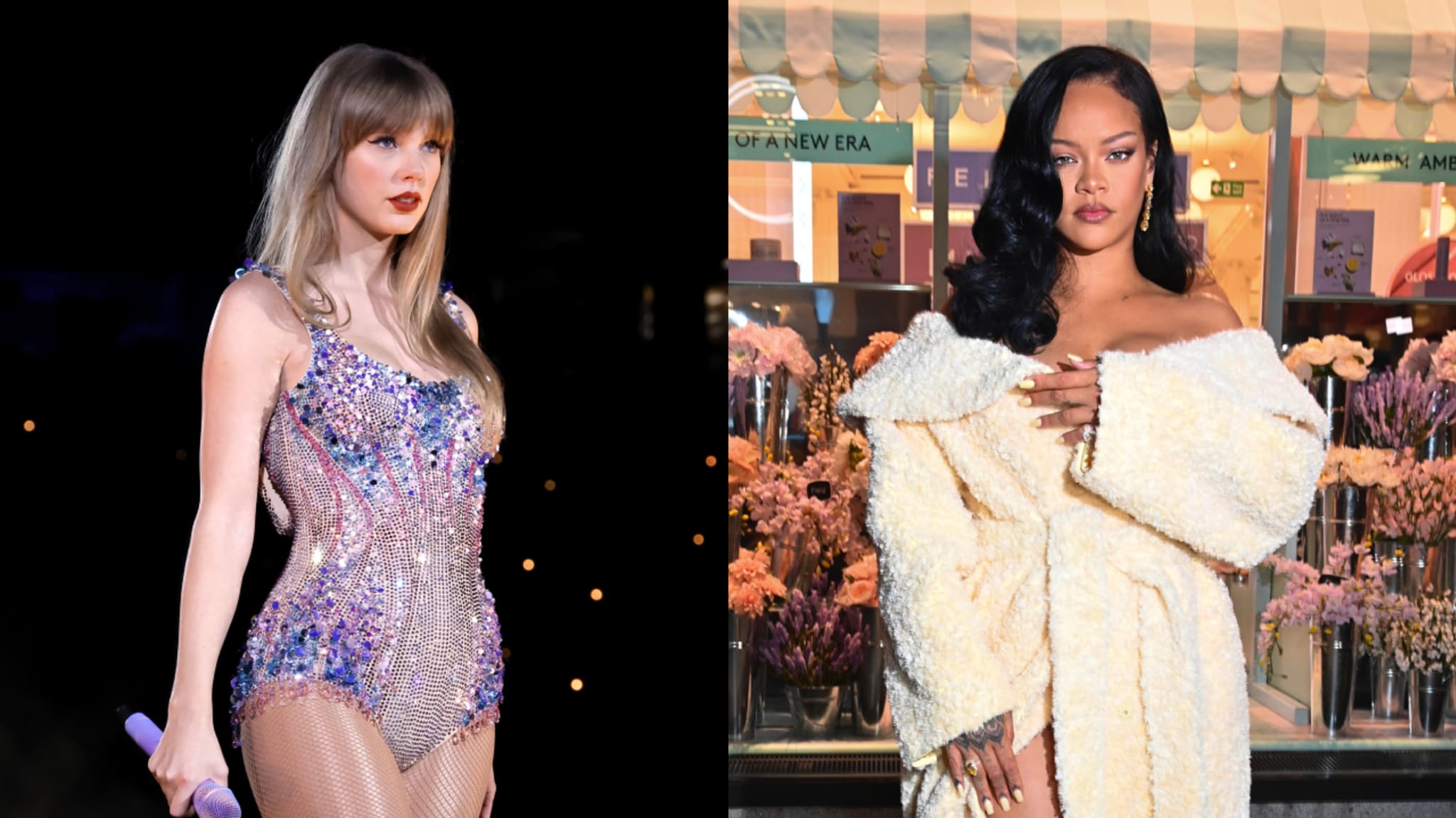 Split image. Left: Taylor Swift performs onstage. Right: Rihanna attends the launch of Fenty Hair on September 16, 2024 in London, England.
