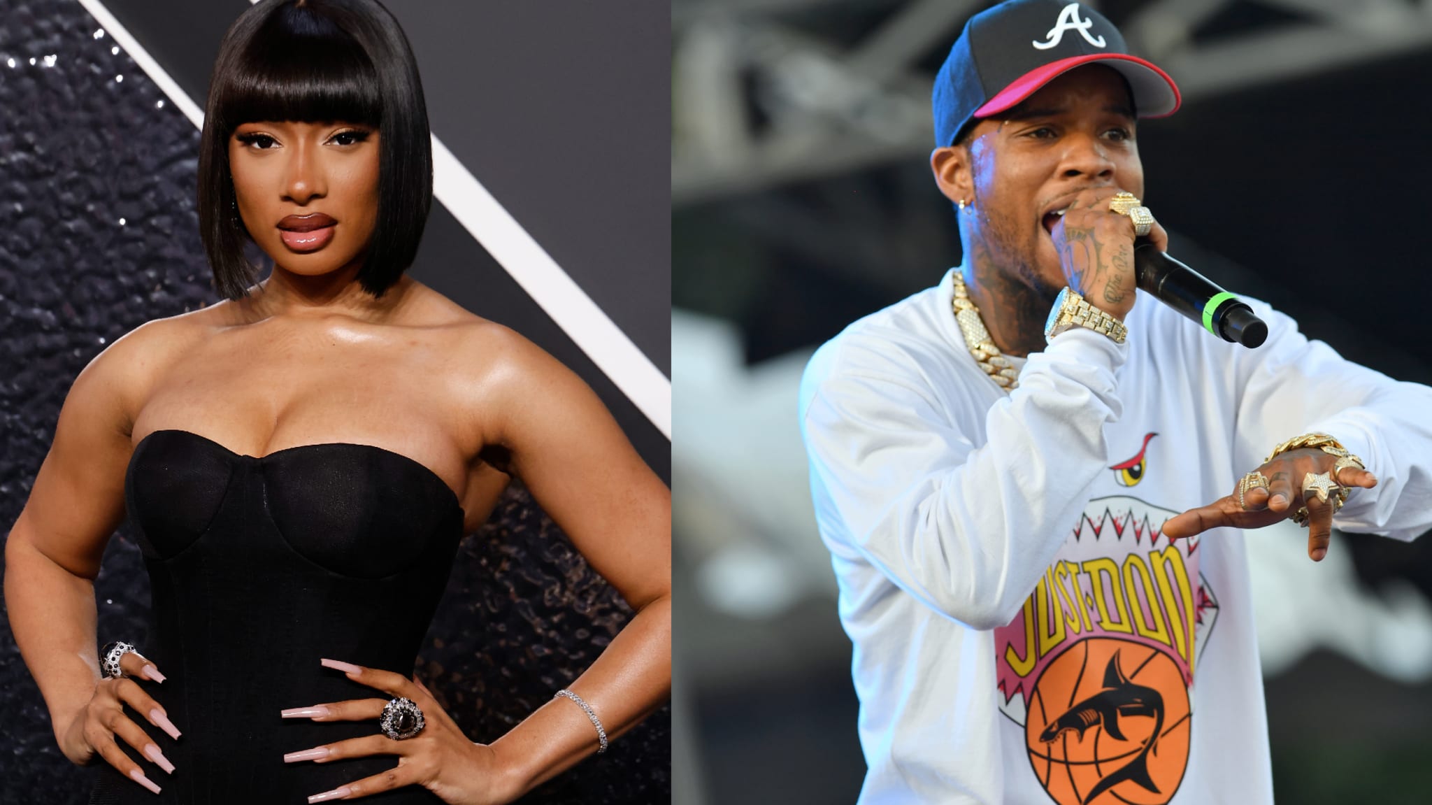 Megan Thee Stallion in a black dress and Tory Lanez performing in a white shirt and cap.