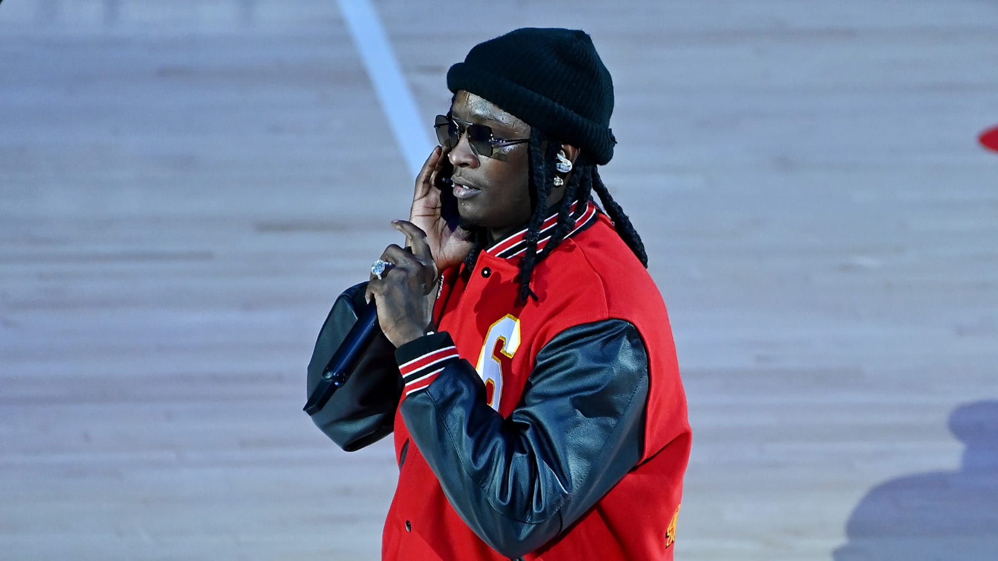 Rapper Young Thug performs at halftime during a Boston Celtics v Atlanta Hawks game.