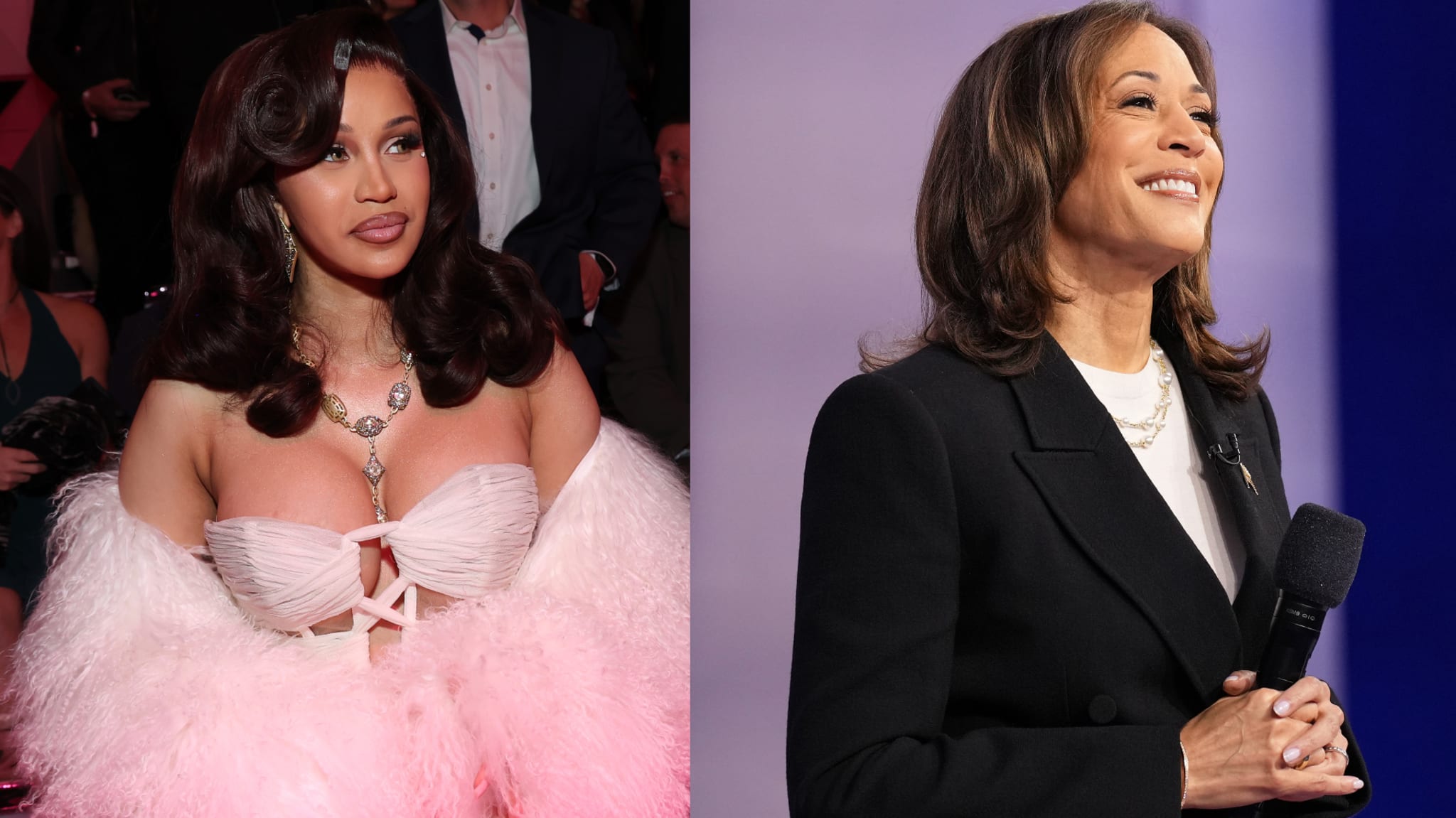 Cardi B in a glamorous pink outfit and Kamala Harris in a black suit, both smiling in separate settings.