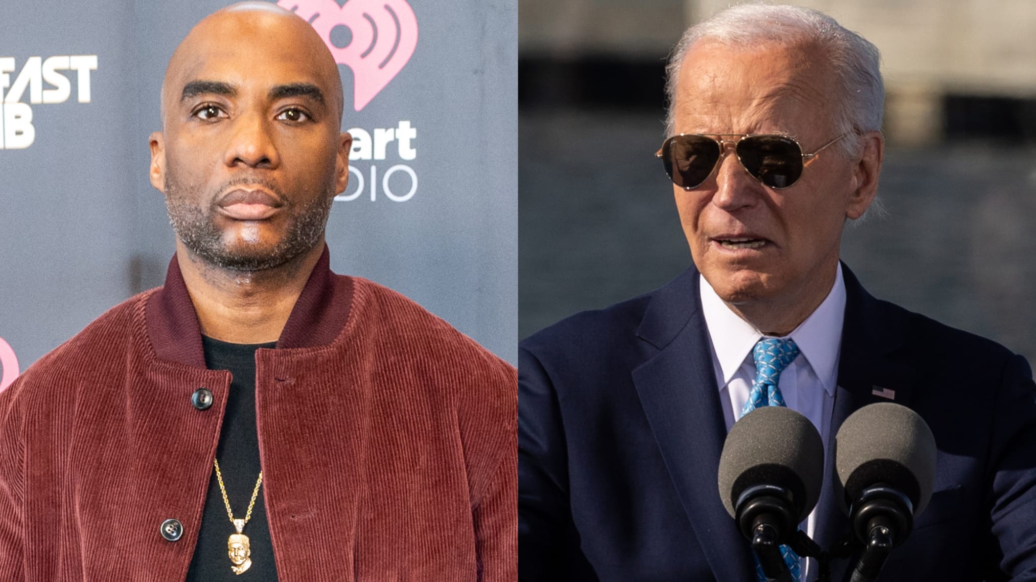 (L) Charlamagne tha God in a red jacket (R) Joe Biden speaking at a podium wearing sunglasses.