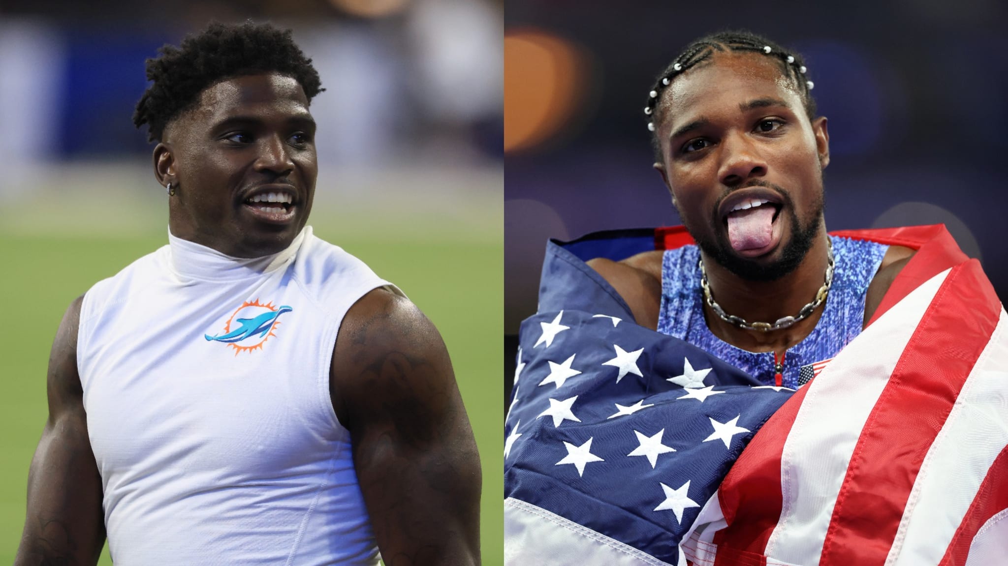 Split image of Tyreek Hill and Noah Lyles