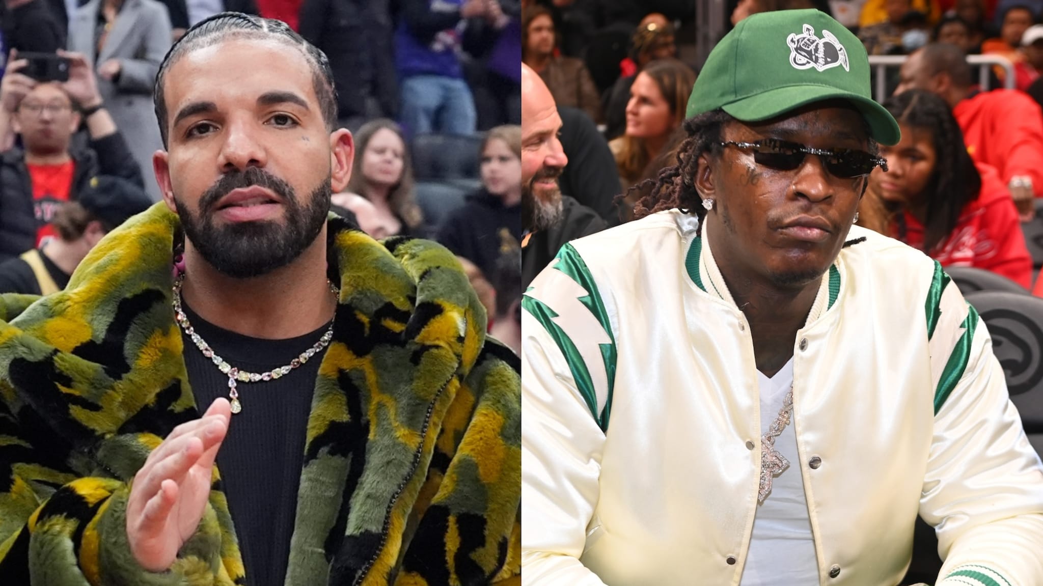 Drake in a camouflage coat and Young Thug in a green cap and white jacket, both at a sports event.