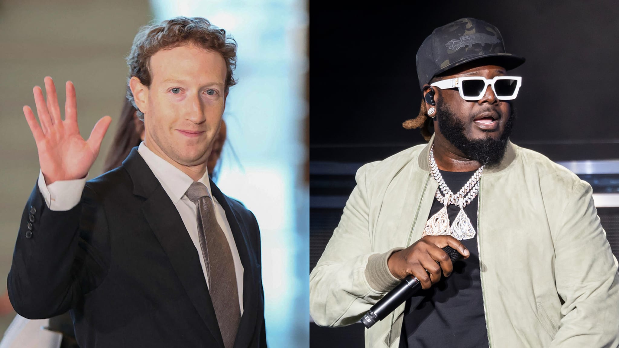 A split image showing Mark Zuckerberg and T-Pain.