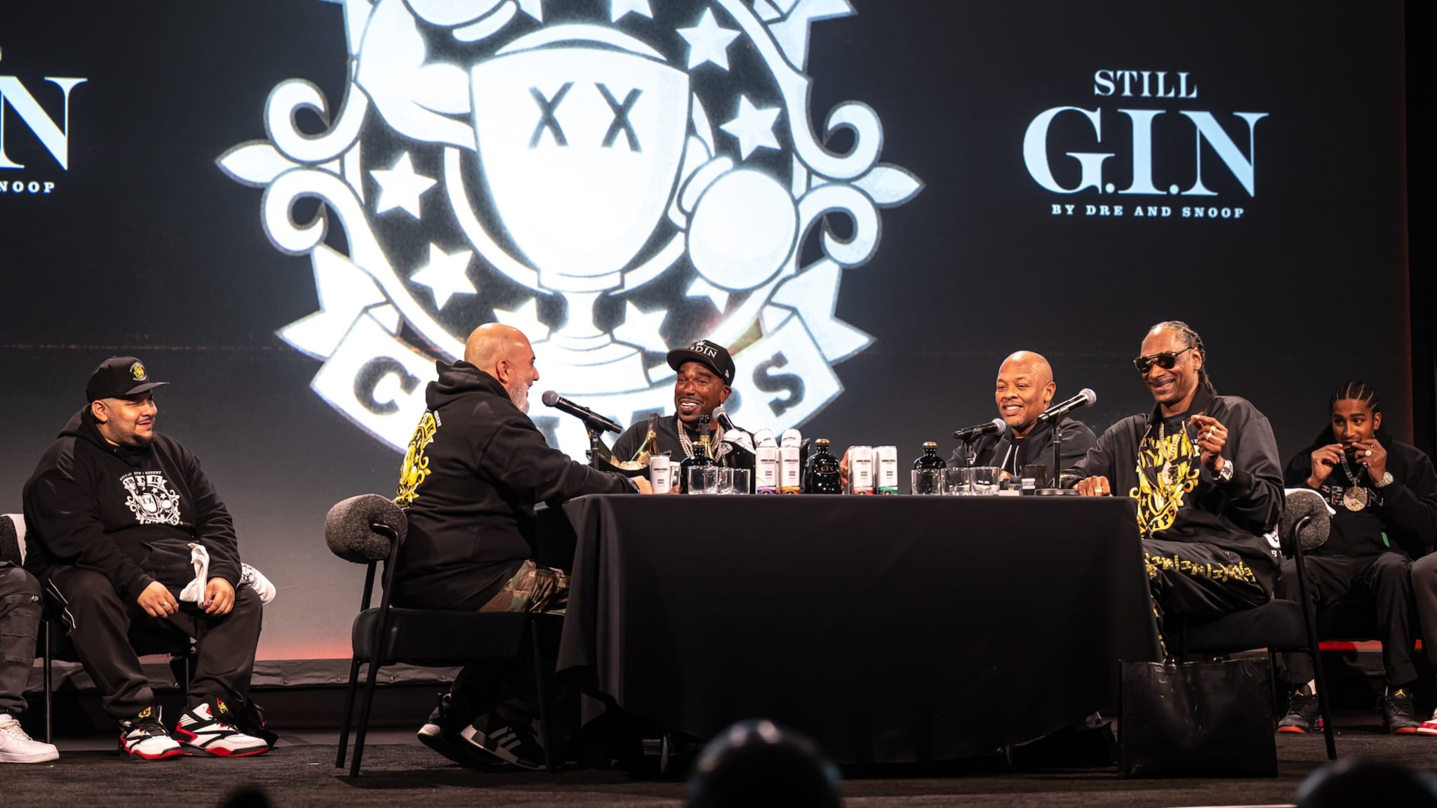 Dr. Dre, Snoop Dogg, NORE and DJ EFN on stage at ComplexCon Drink Champs discussing Stevie Wonder. 