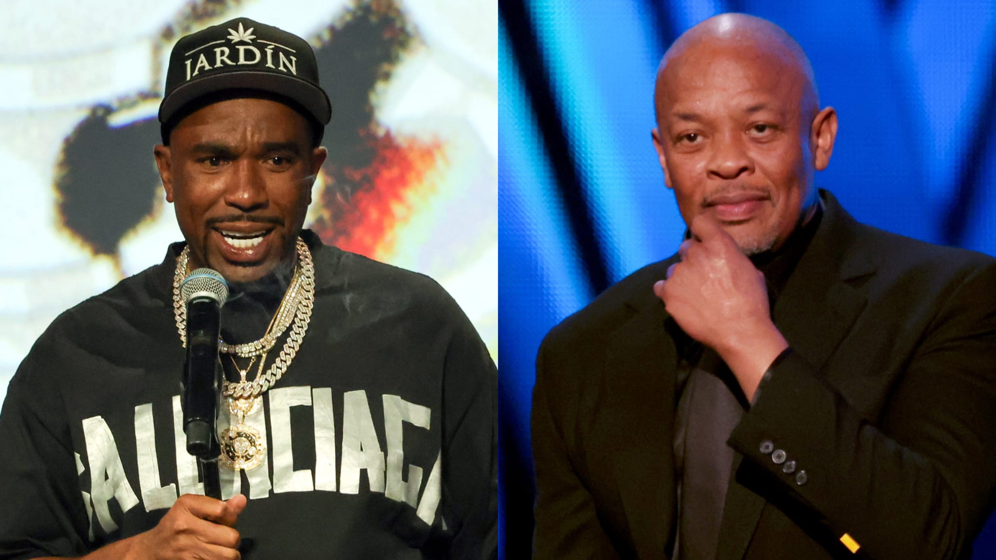 N.O.R.E. wearing a "Jardin" cap and Balenciaga shirt speaks into a mic; Dr. Dre in a suit, hand on chin, looks thoughtful.