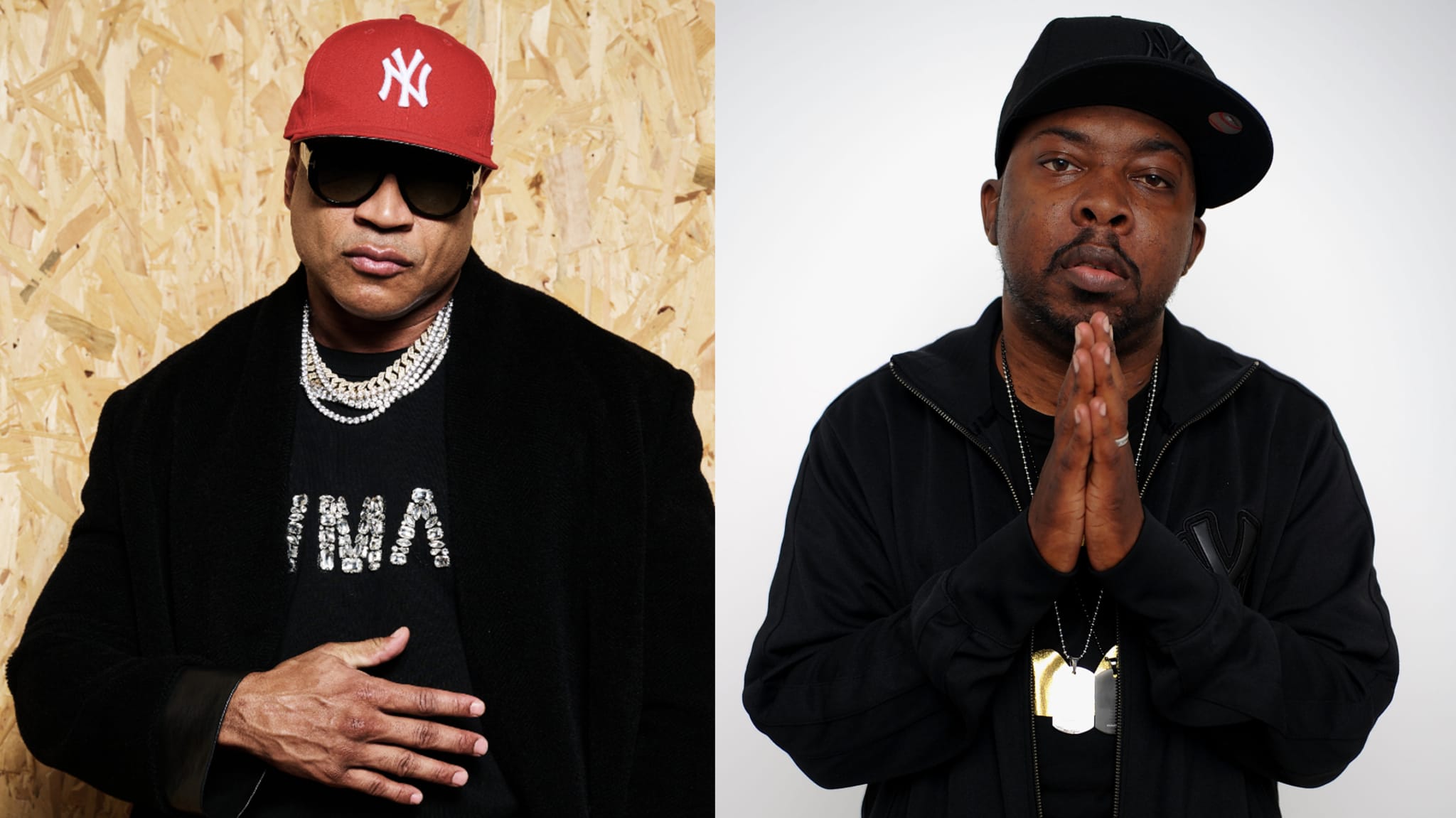 LL Cool J in a red cap and sunglasses, wearing a black coat and chains. Phife Dawg in a black cap and jacket, with hands clasped.