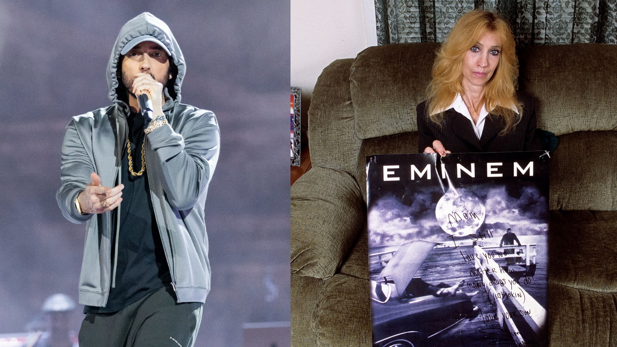 Eminem performing in a gray hoodie on the left; his mother holding an Eminem album poster on a couch on the right.