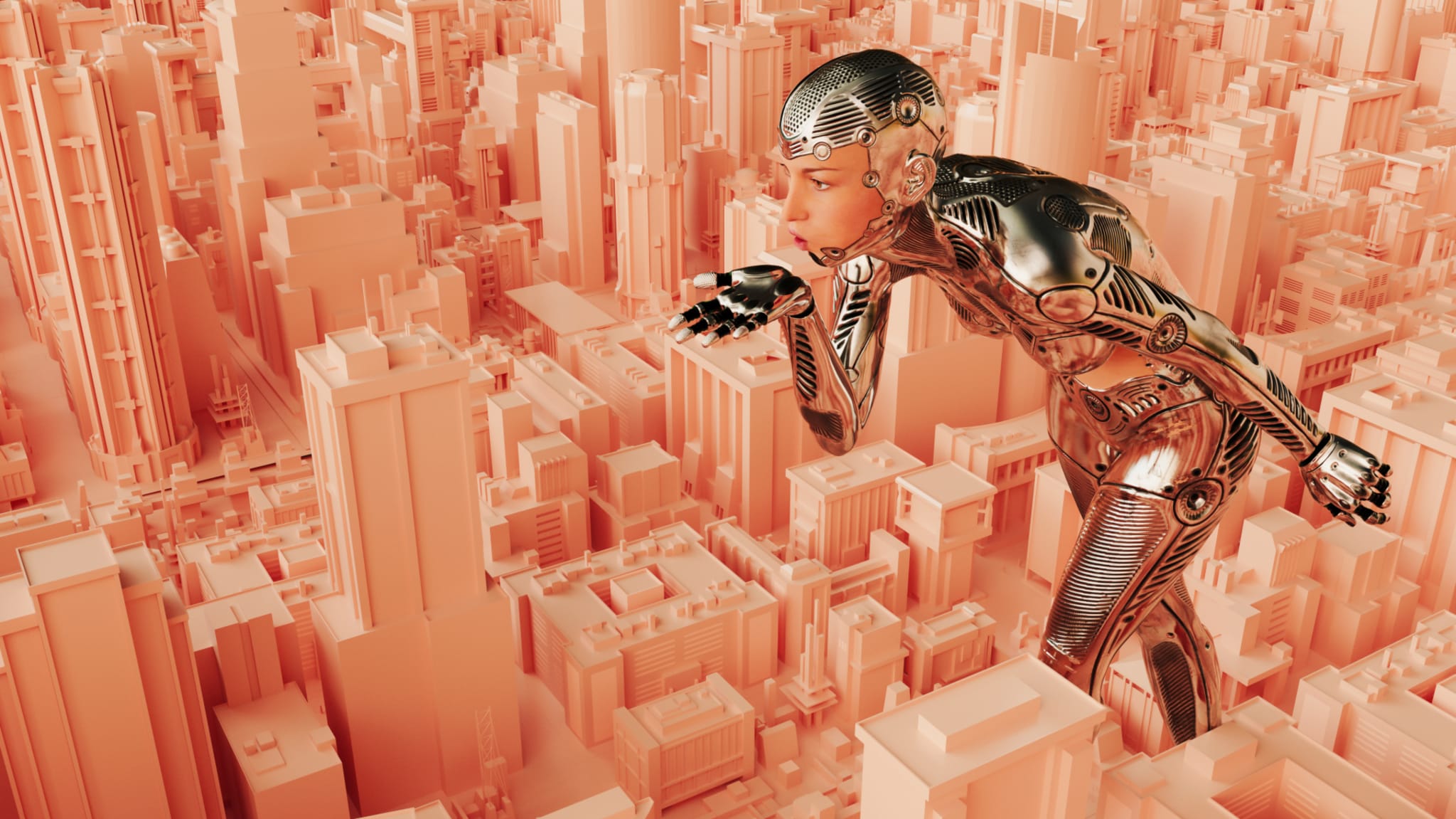 A futuristic robot figure, resembling a human, stands amidst a cityscape with an orange hue, appearing to blow a kiss.