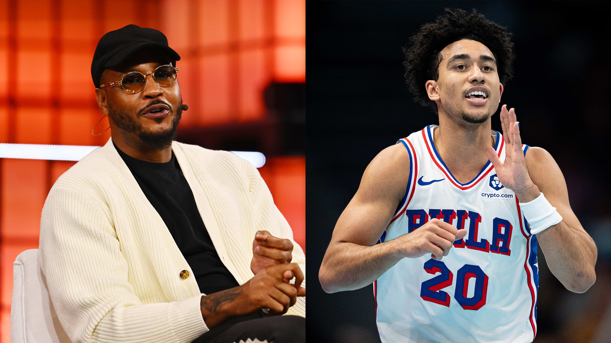 Carmelo Anthony and Jared McCain in a split image.