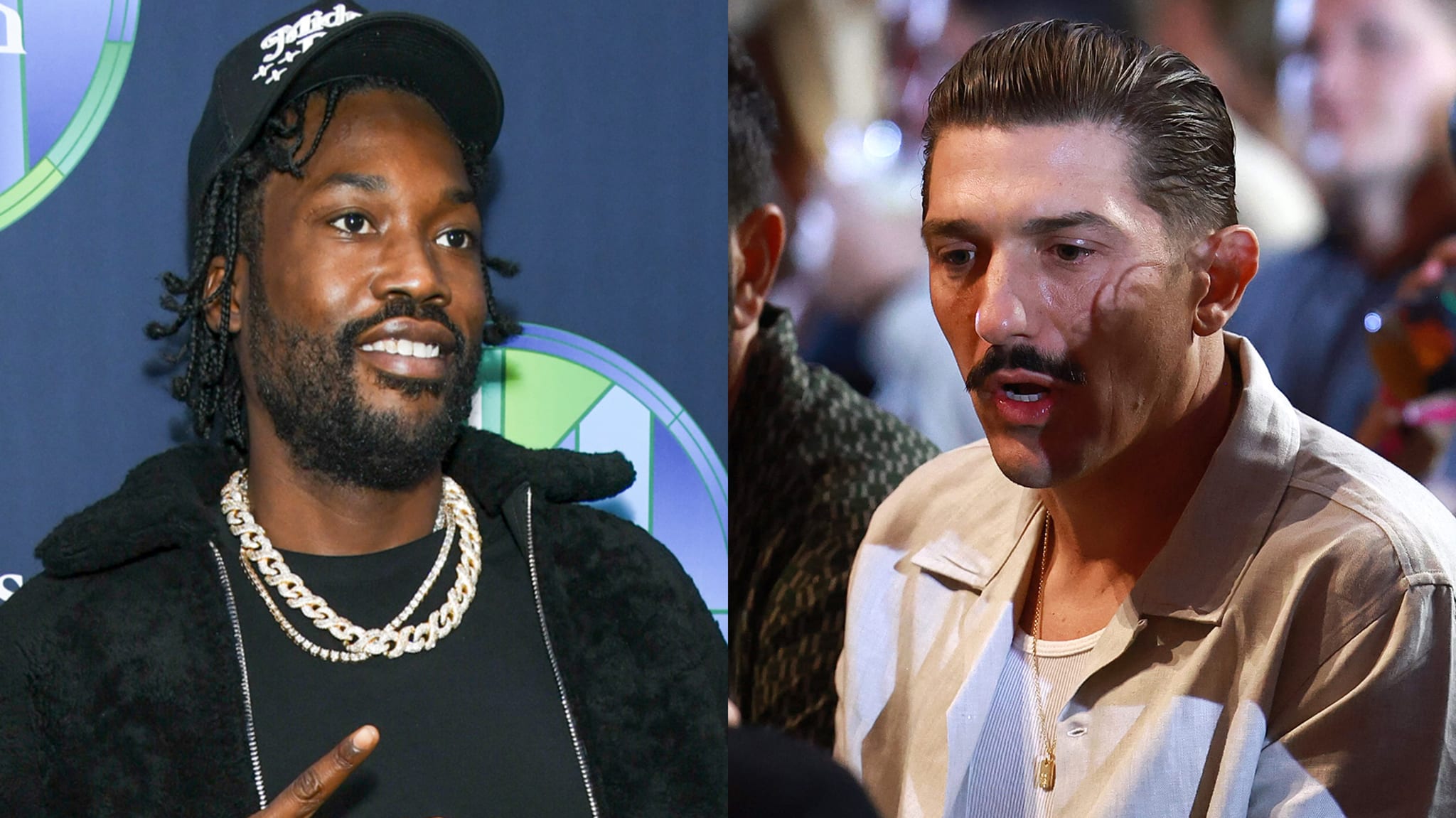 Rapper Meek Mill and "comedian" Andrew Schulz in a split image.