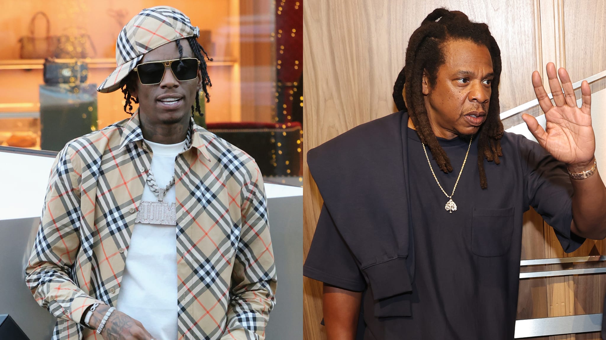 Rapper Soulja Boy in a Burberry outfit and sunglasses, alongside Jay-Z waving, wearing a dark shirt with a necklace.