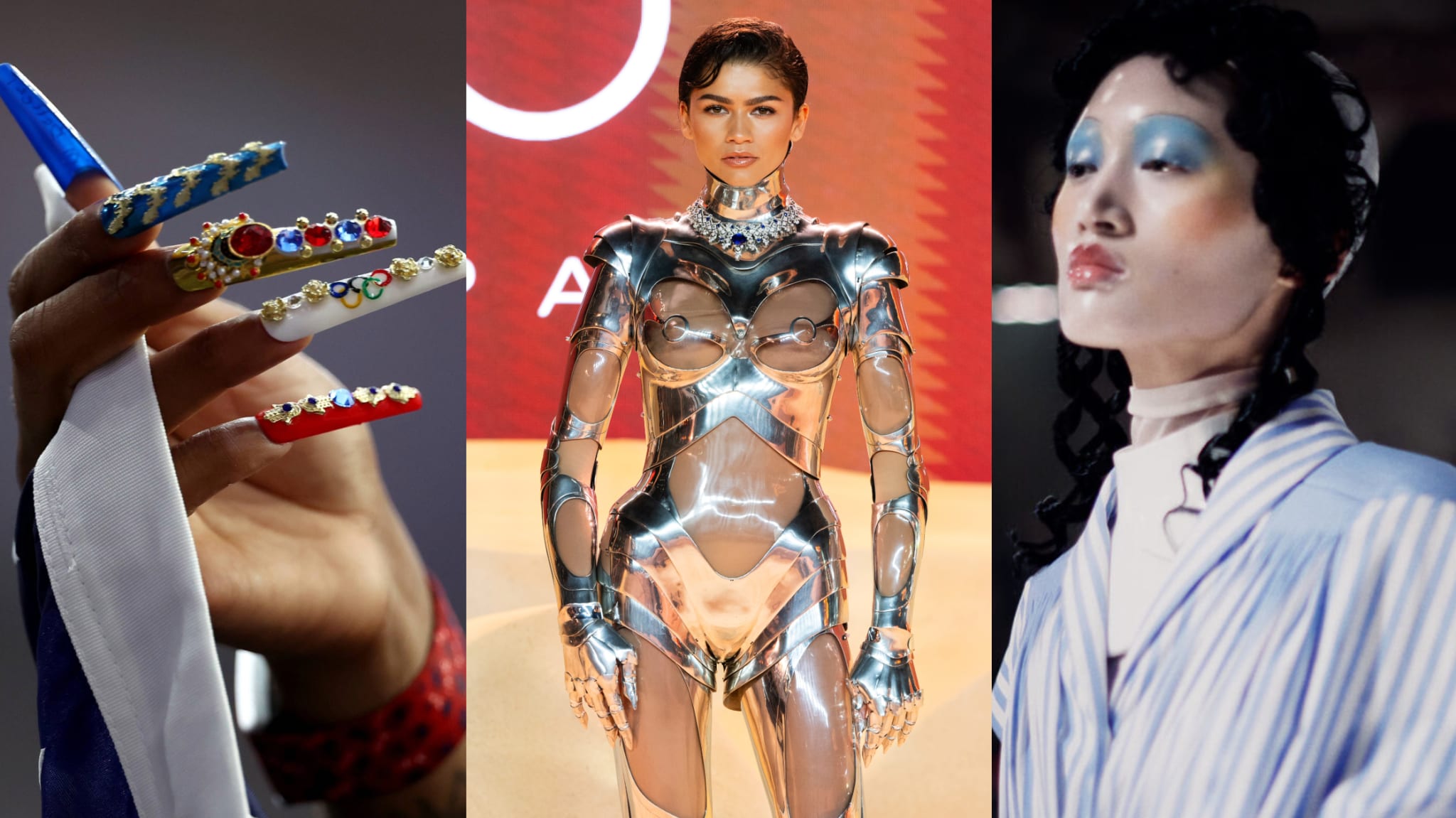 A collage featuring elaborate nail art, Zendaya in a metallic futuristic outfit, and a model with blue eyeshadow and a striped outfit.