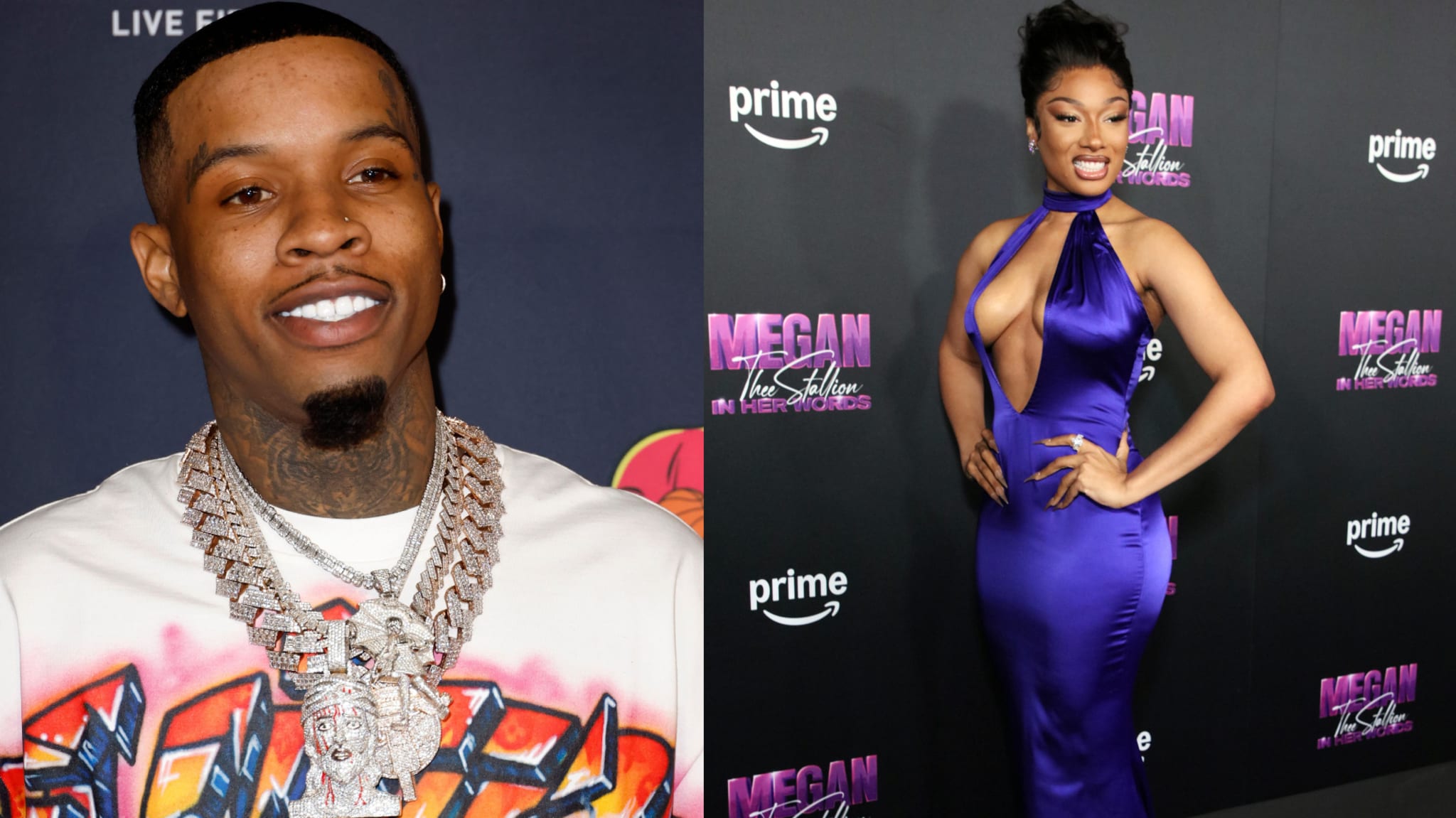 Tory Lanez in a white shirt with chains, and Megan Thee Stallion in a purple dress at a premiere event.