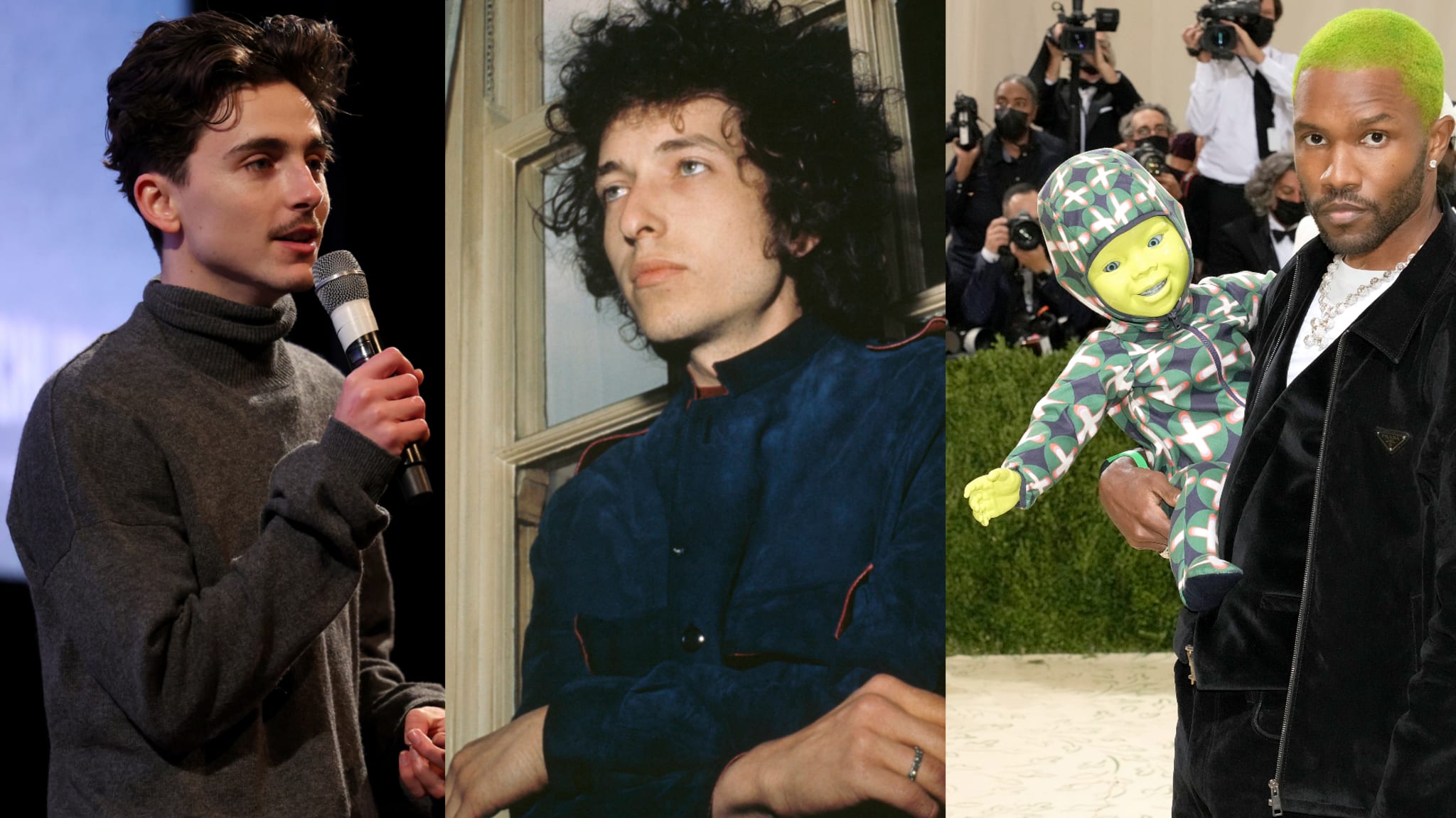 Timothée Chalamet speaking with a mic, Bob Dylan by a window, and Frank Ocean at an event holding a green-faced doll.