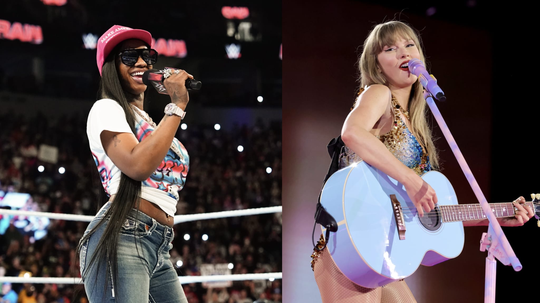 Sexyy Red addresses the crowd during Monday Night RAW at Enterprise Center on October 7, 2024 in St Louis, Missouri/Taylor Swift performs onstage during "Taylor Swift | The Eras Tour" at BC Place on December 06, 2024 in Vancouver, British Columbia.