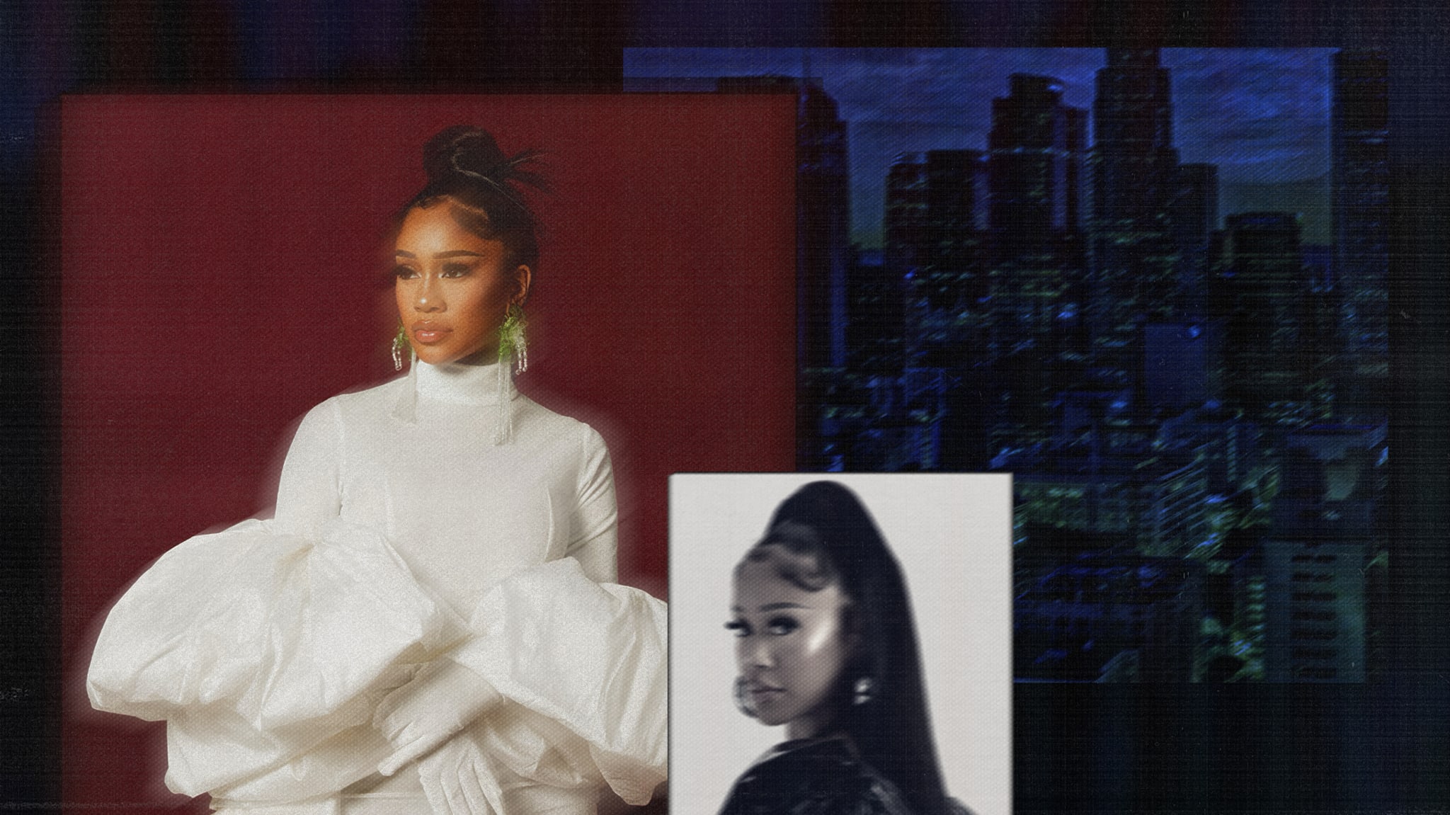 A woman in a white outfit with large sleeves, standing against a red background. A smaller black-and-white image of her is inset, with a cityscape at night in the background.