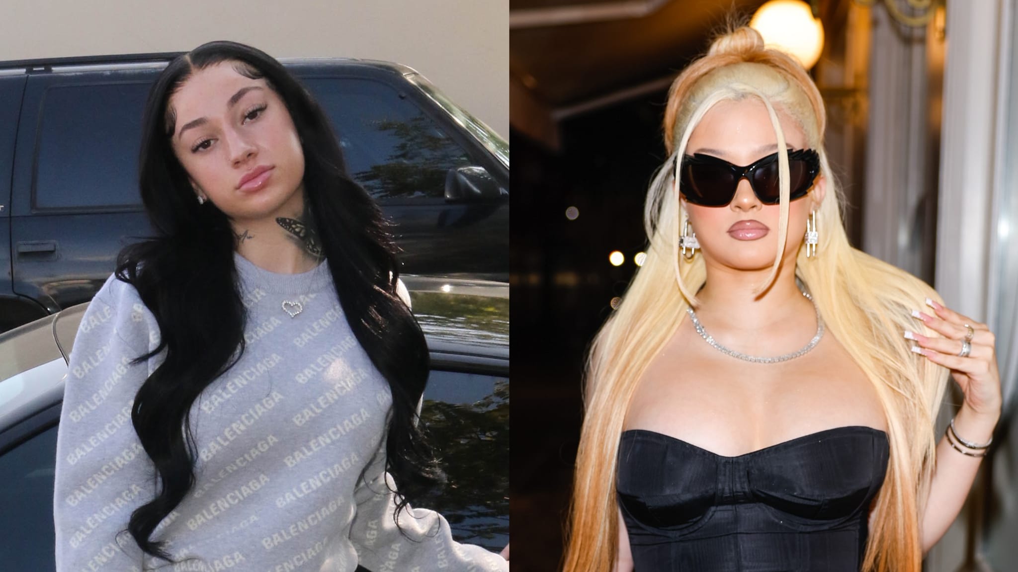 Two women are pictured side by side. The woman on the left has long dark hair and is wearing a Balenciaga top. The woman on the right has long blonde hair, sunglasses, and a black strapless top.