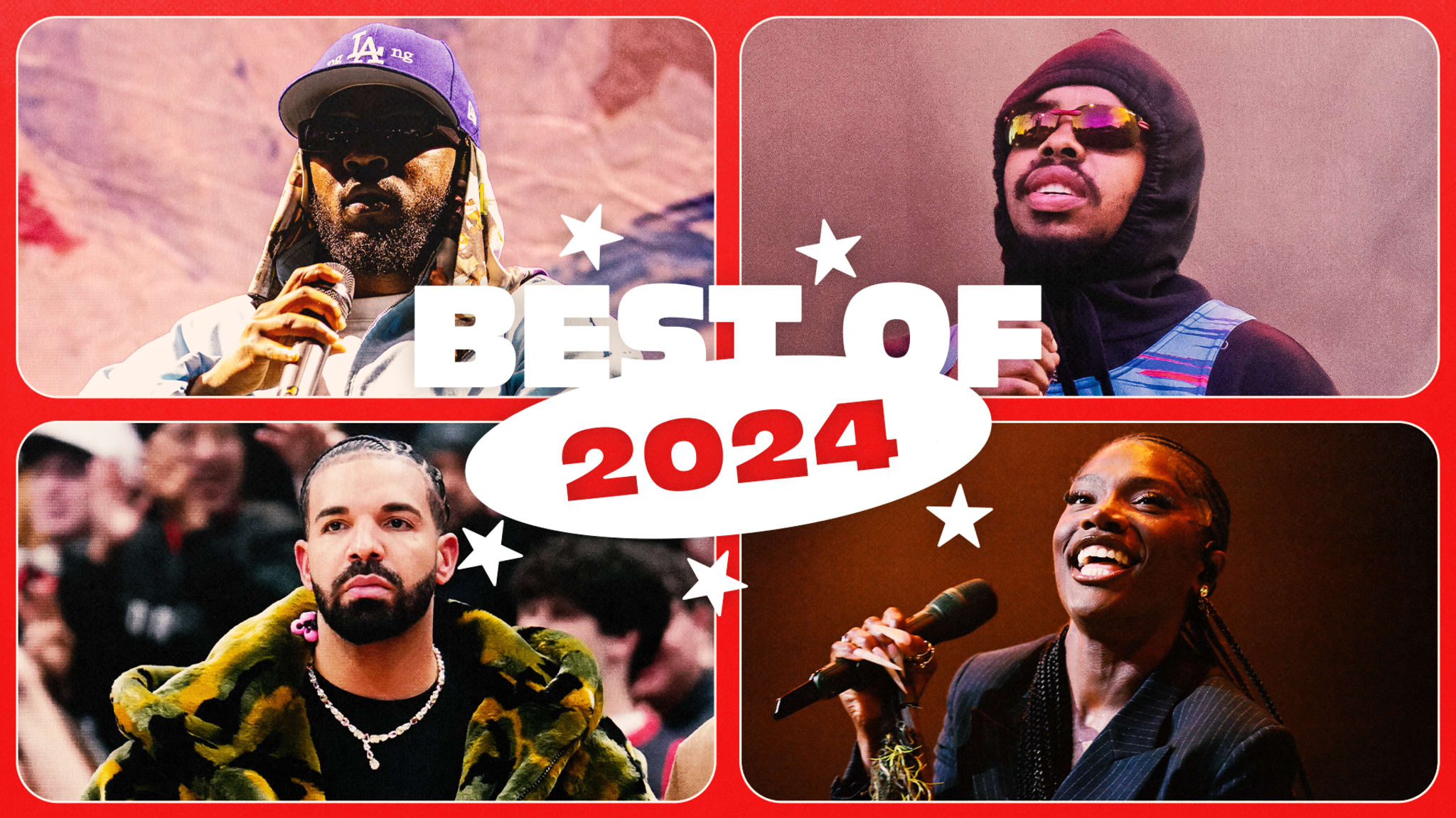 Collage featuring Kendrick Lamar, Earl Sweatshirt, Drake, and Doechii with "Best of 2024" text in the center.