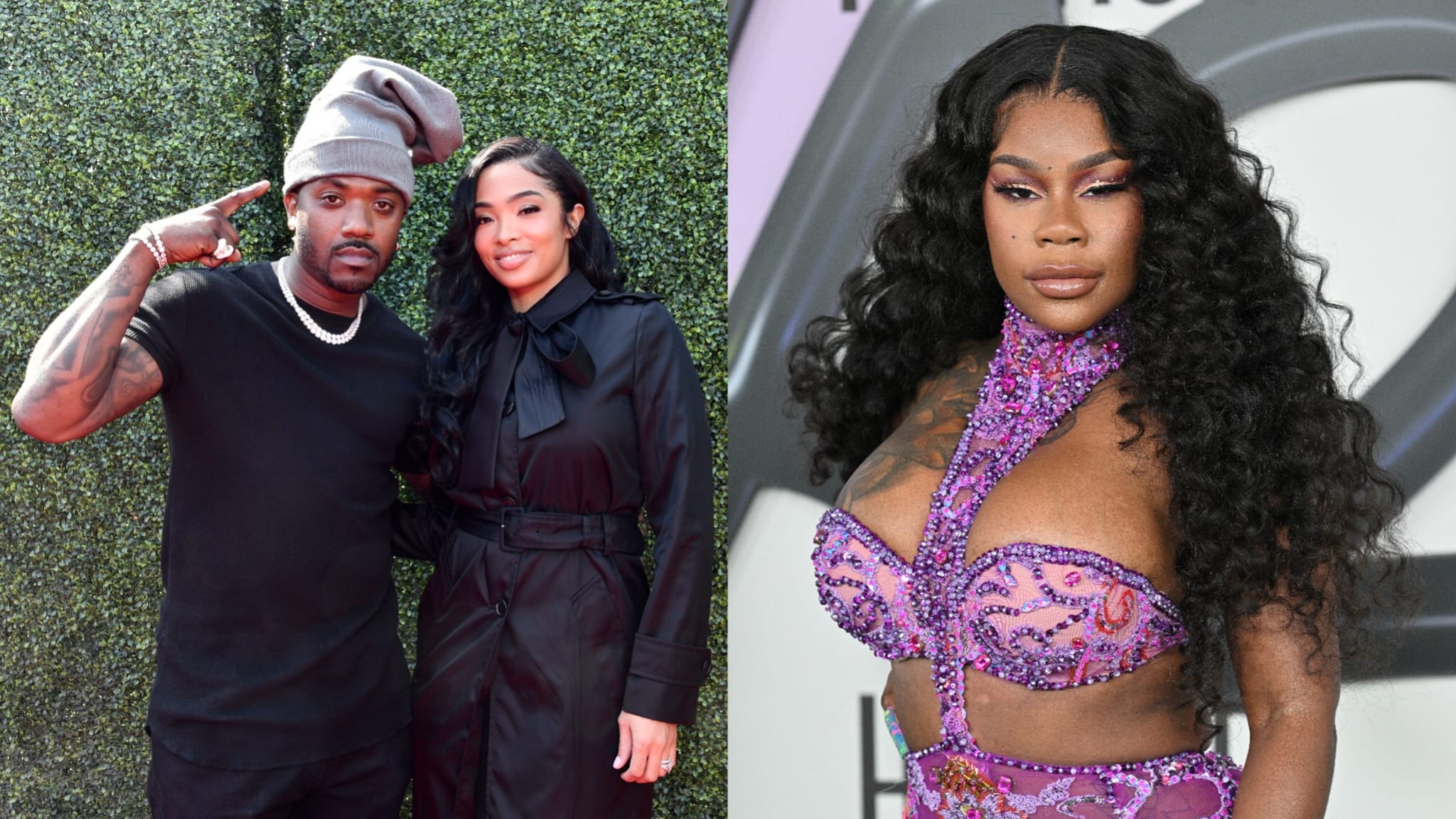 Ray J, in a gray hat and black shirt, poses with Princess Love in a black outfit. Sukihana is on the right in a purple embellished dress.