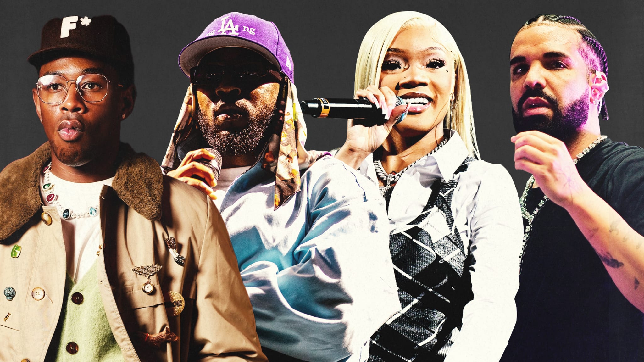 Tyler, the Creator, Kendrick Lamar, GloRilla, and Drake are pictured together. Tyler wears a hat, Kendrick holds a mic, GloRilla smiles, and Drake gestures.