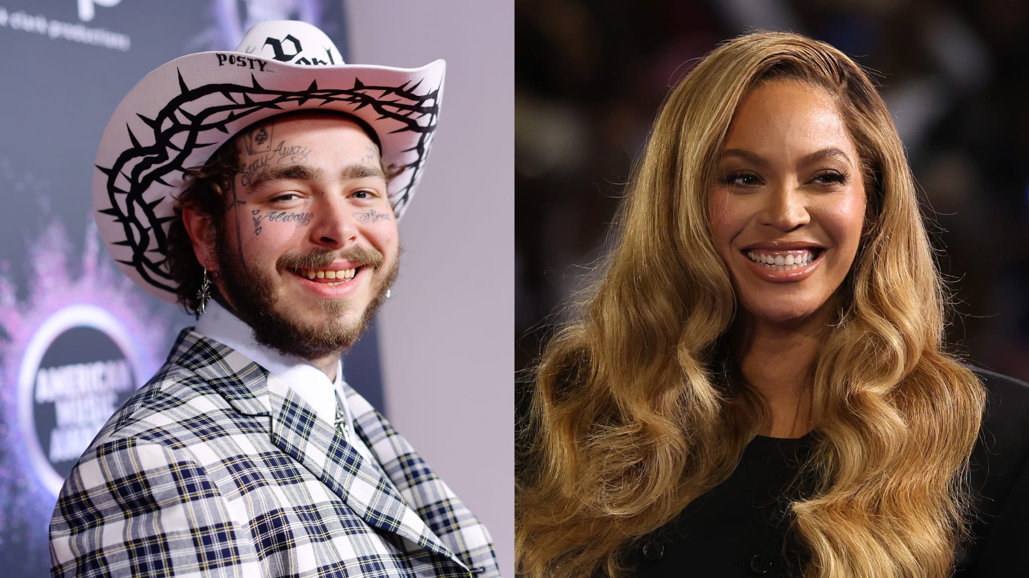 Post Malone in a plaid suit and cowboy hat, smiling. Beyoncé with wavy hair, wearing a black outfit, also smiling.