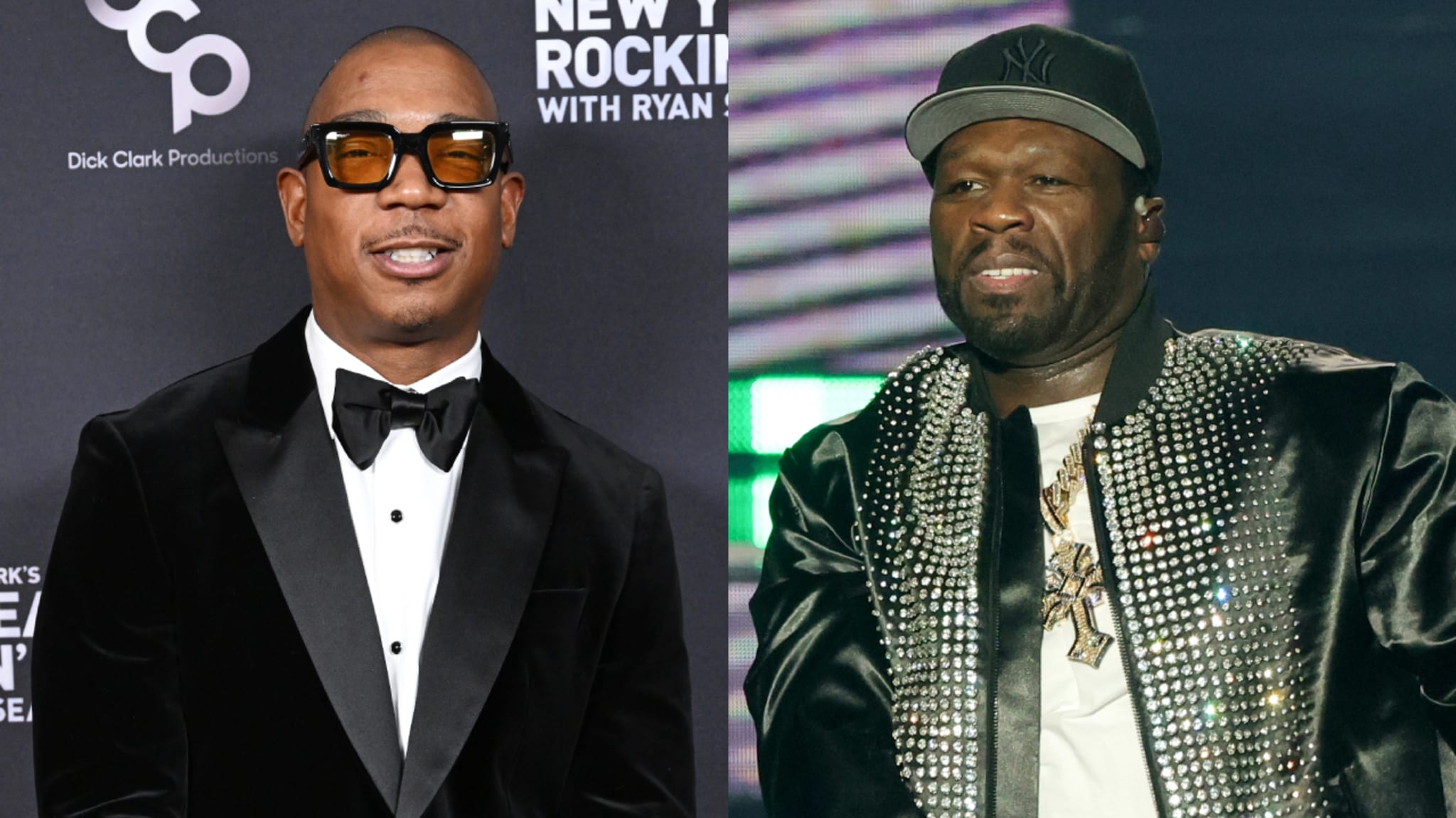 Ja Rule in a tuxedo and sunglasses on the left, and 50 Cent in a studded jacket and cap on the right.