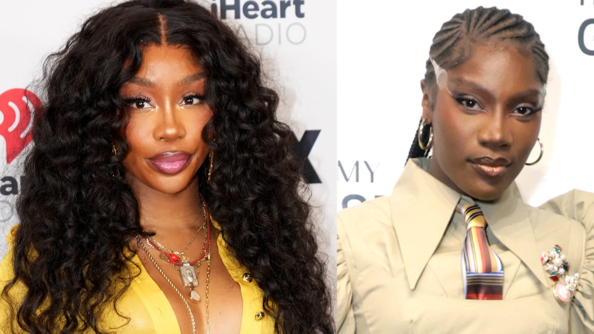 SZA with long curly hair in a yellow outfit, and Doechii with braided hair in a beige outfit and striped tie.