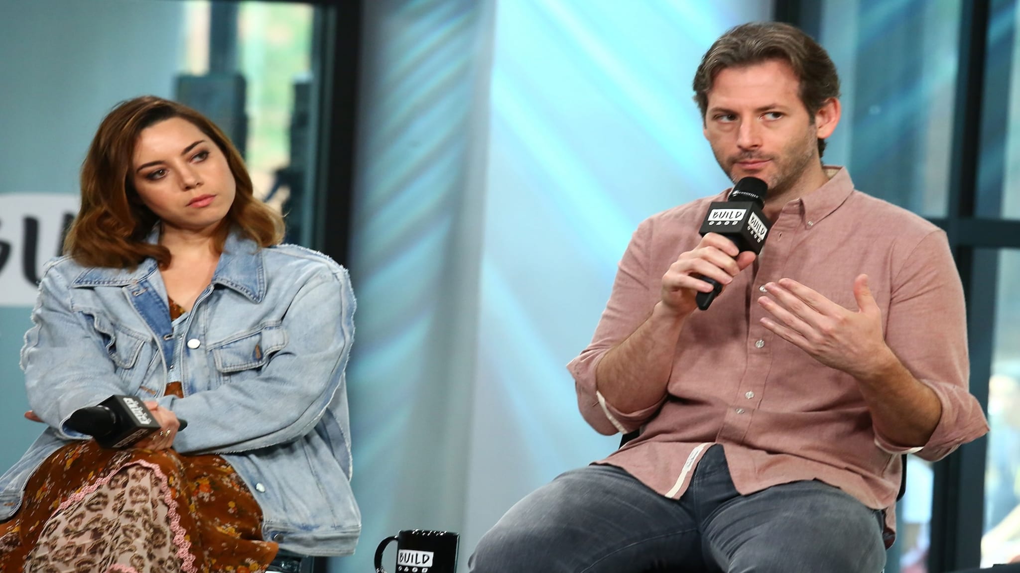 NEW YORK, NY - JUNE 29: (L-R) Director Jeff Baena and actress Aubrey Plaza discuss "The Little Hours" at Build Studio on June 29, 2017 in New York City.