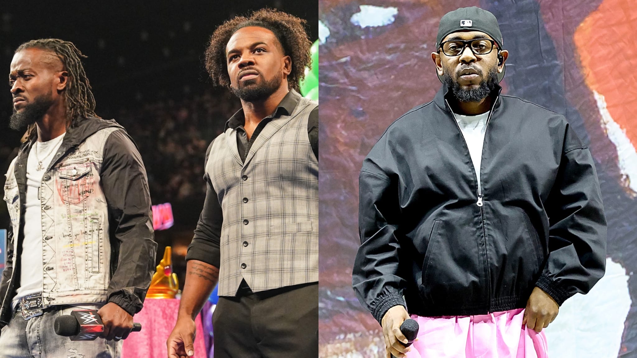Kofi Kingston and Xavier Woods on the left, dressed in wrestling attire. Kendrick Lamar on the right, wearing a black jacket and cap.