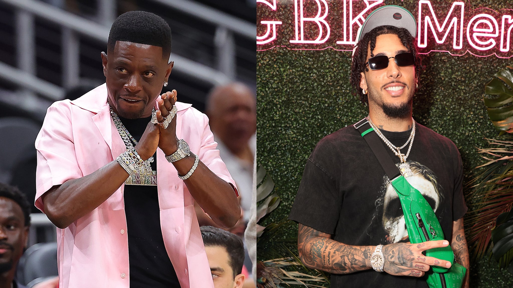 Boosie Badazz and LiAngelo Ball in a split image.