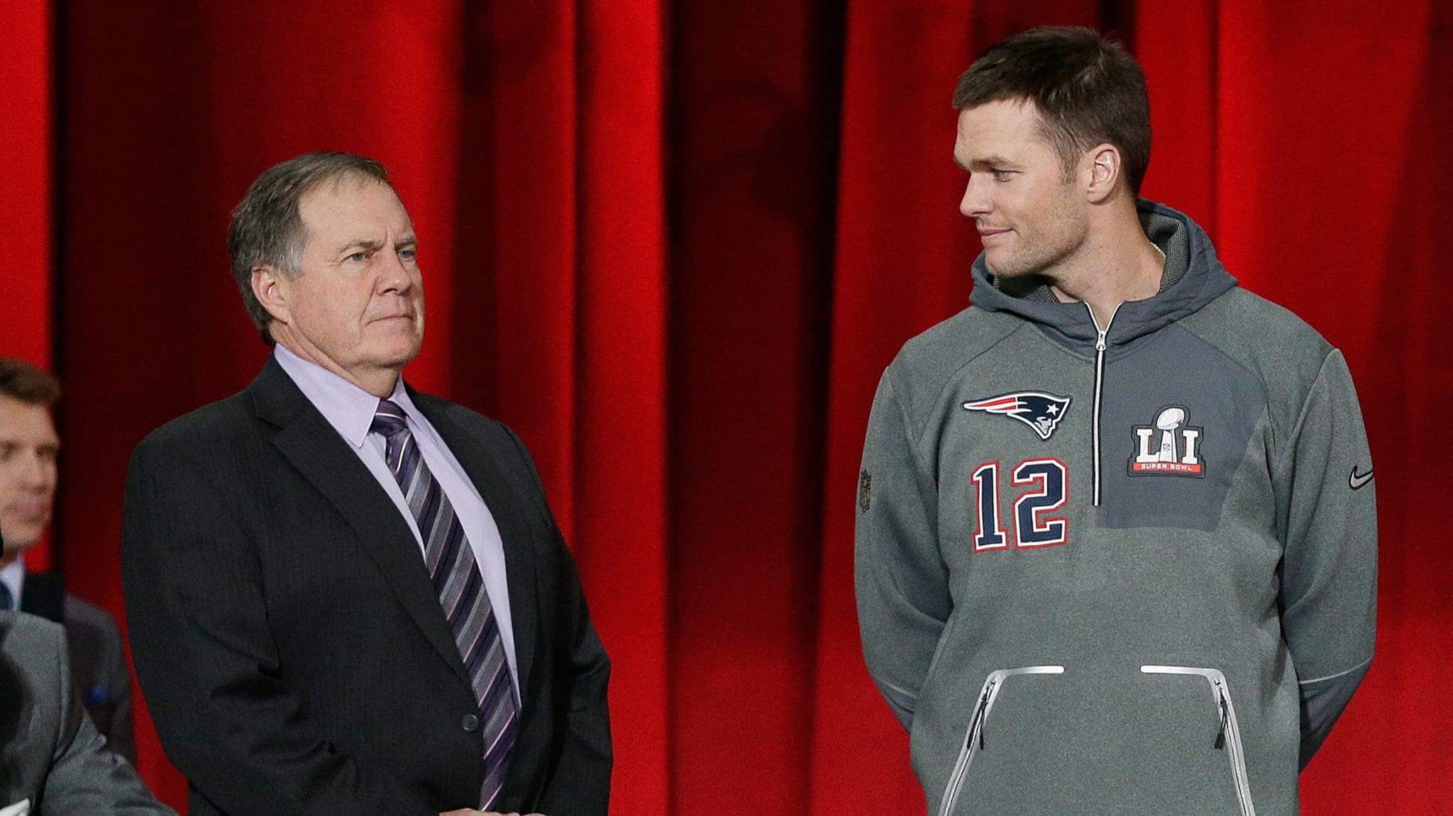 Head coach Bill Belichick of the New England Patriots and Tom Brady.
