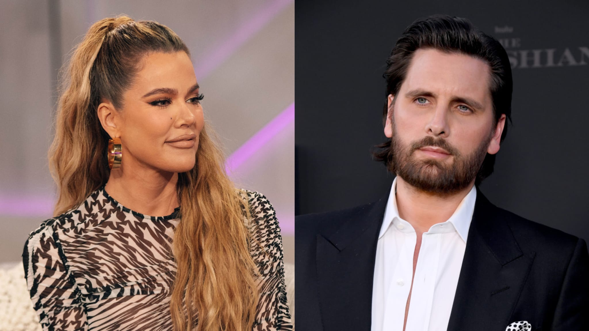 Khloé Kardashian and Scott Disick are pictured. (L) Khloé has long hair and a patterned top. (R) Scott wears a suit with a white shirt.