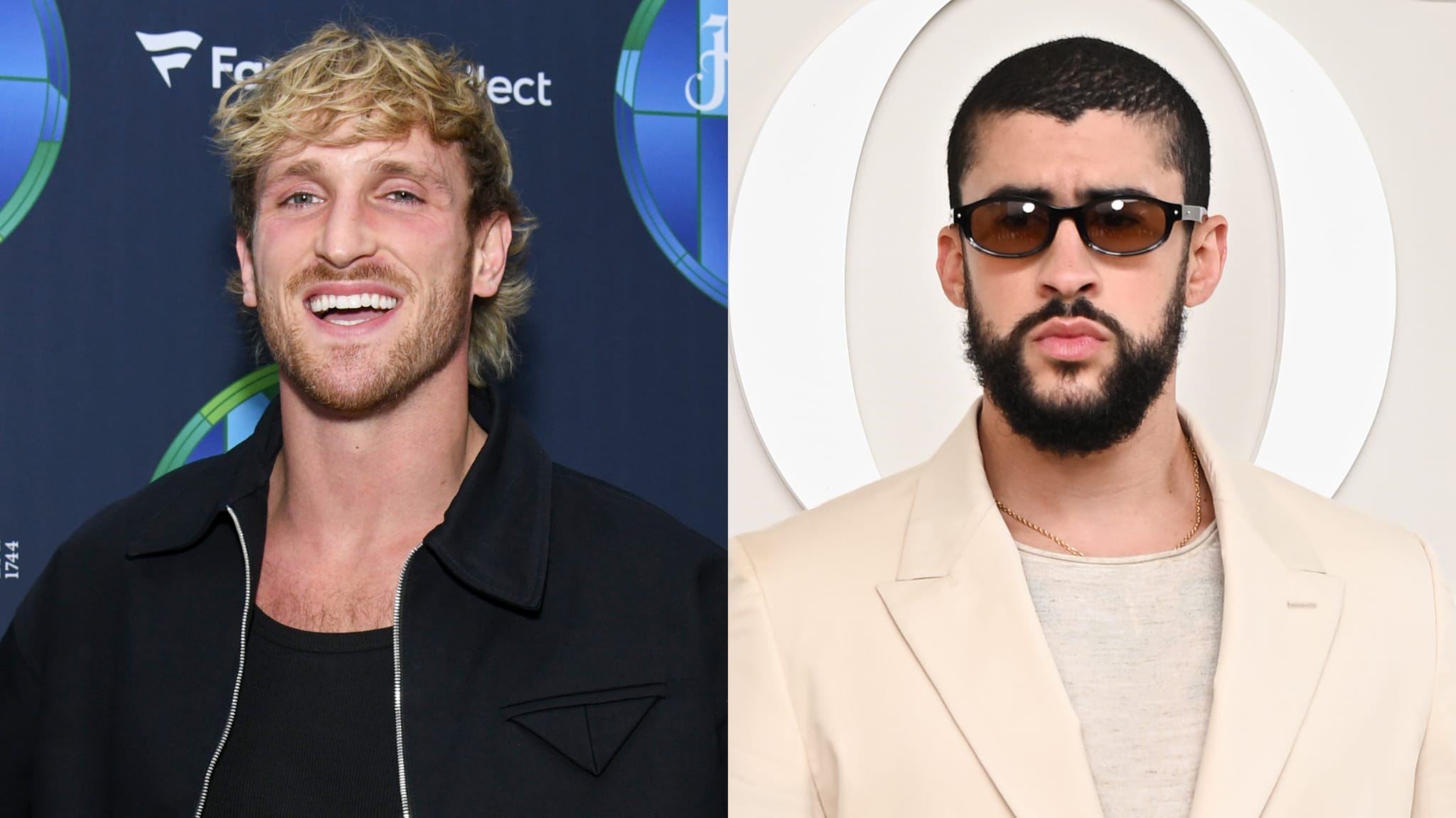 Logan Paul smiling in a black jacket; Bad Bunny in sunglasses and a beige suit.