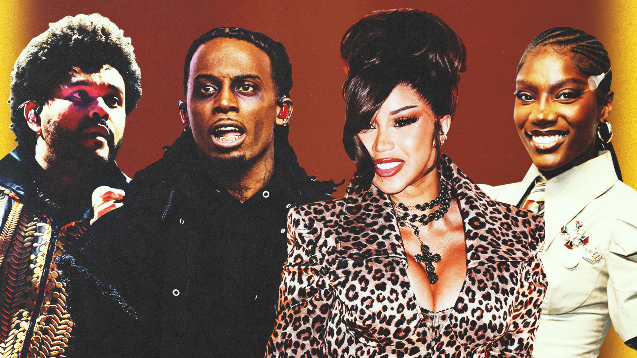 The image features The Weeknd, Playboi Carti, Cardi B, and Doechii. They are all dressed in stylish outfits against a colorful background.