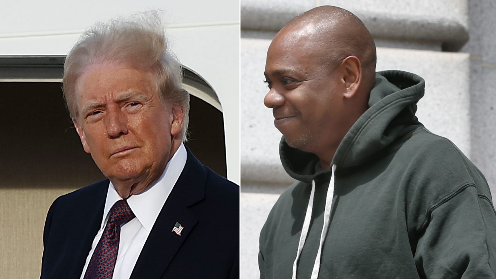 Donald Trump in a suit on the left and Dave Chappelle in a hoodie on the right, both outdoors.