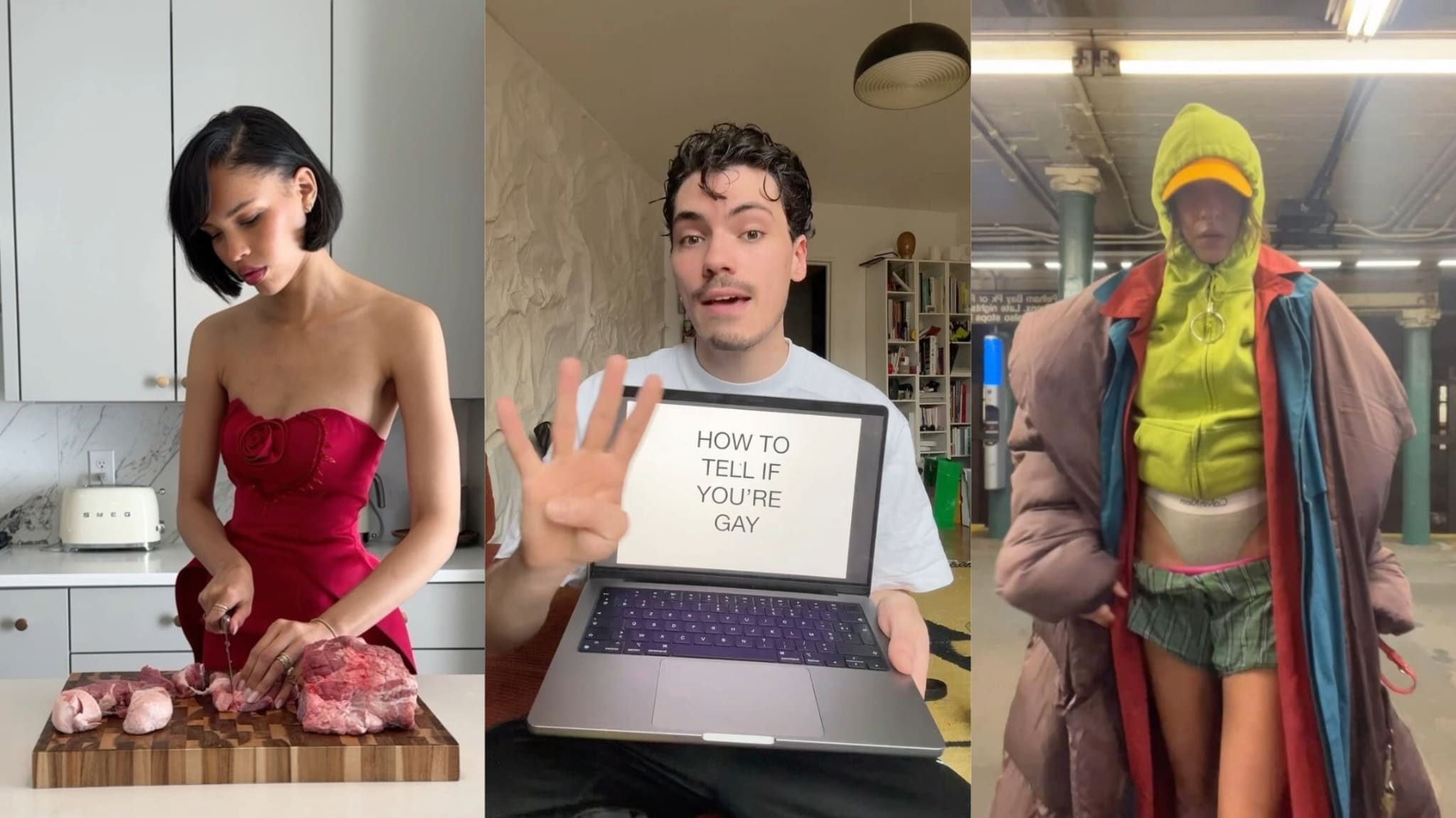 A person in a red dress cutting meat, another holding a laptop with a sign, and a third in layered clothing in an industrial setting.
