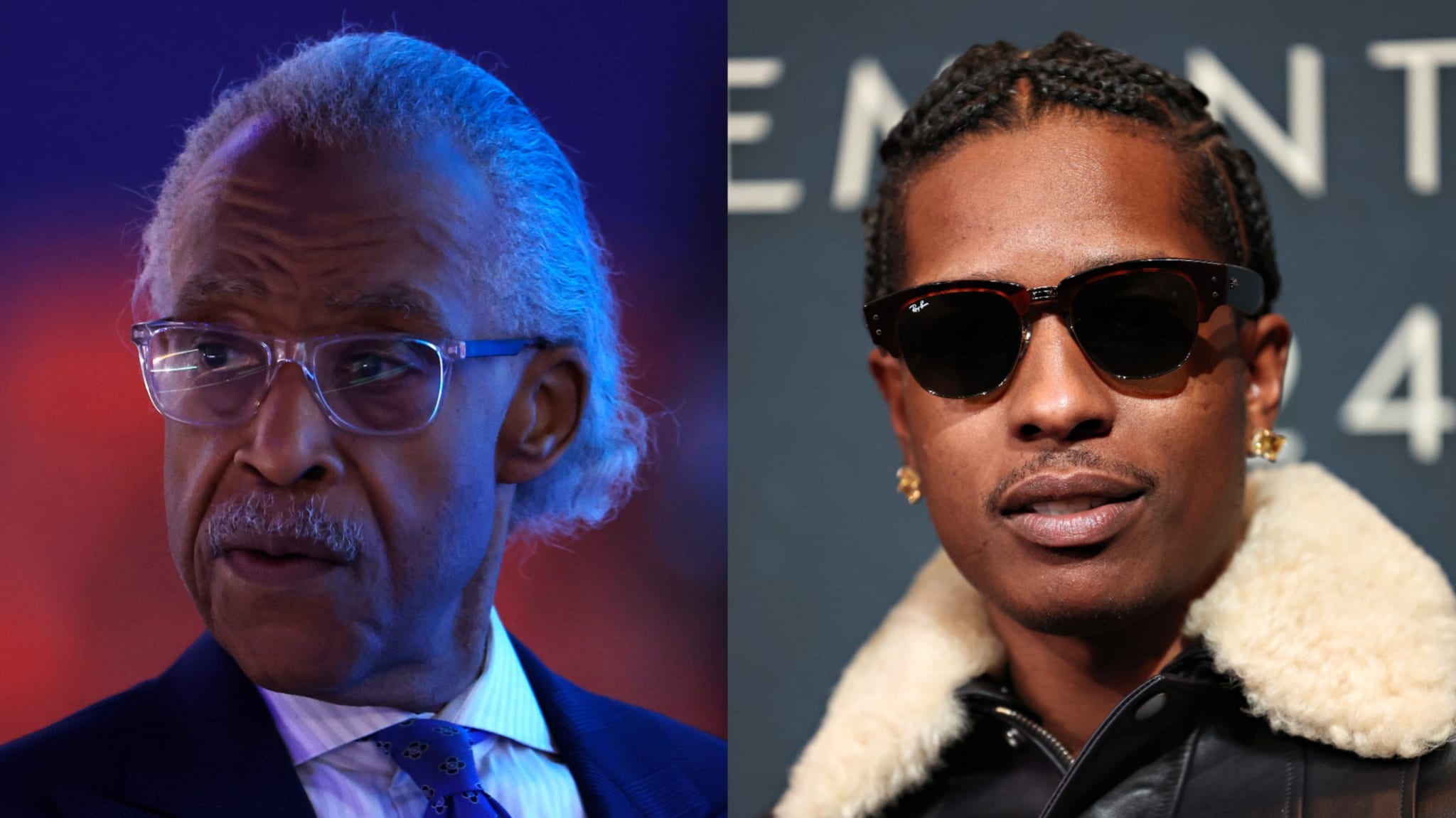 Al Sharpton on the left, wearing glasses and a suit. A$AP Rocky on the right, with sunglasses and a fur-collared jacket.