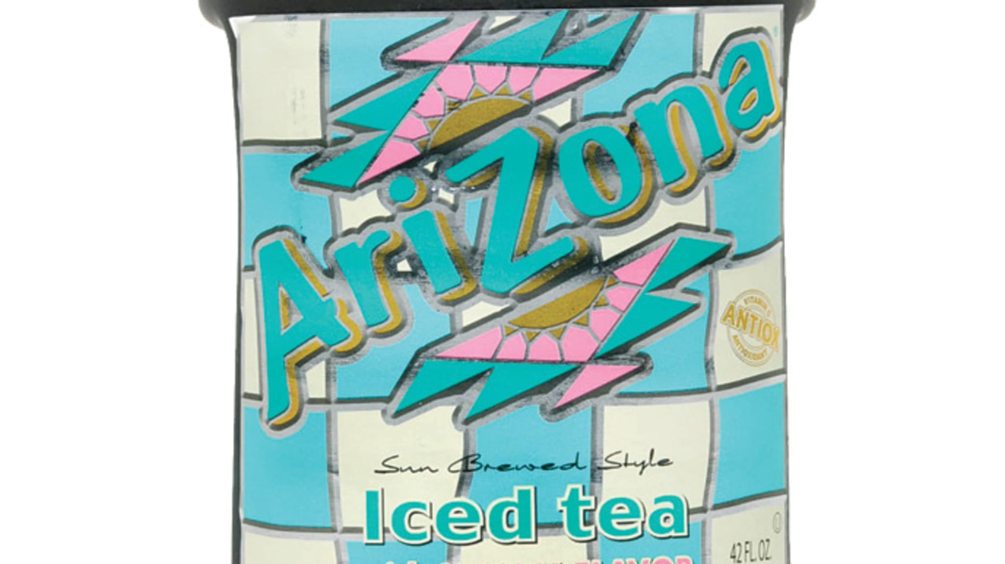 A can of AriZona Iced Tea with a southwestern design, featuring turquoise, pink, and yellow geometric patterns.