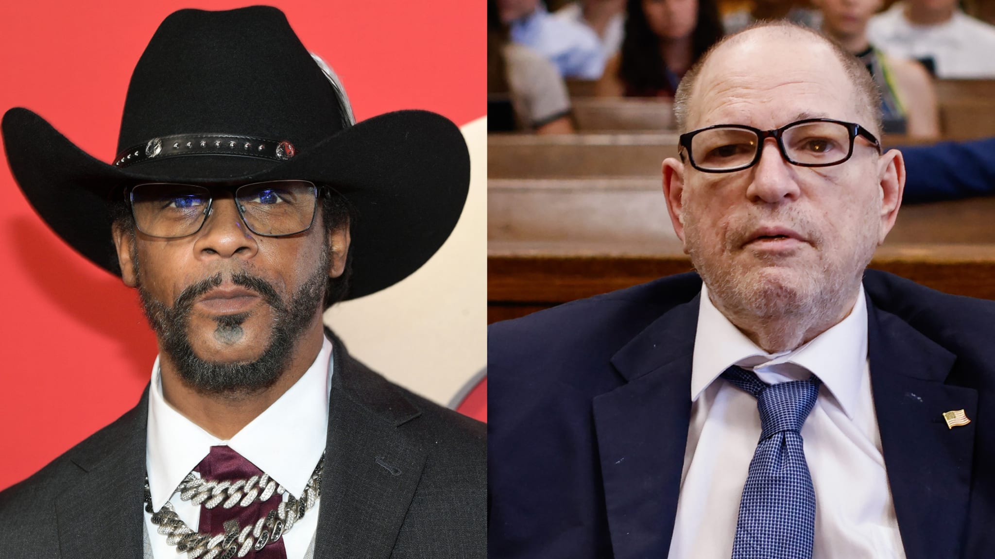 Katt Williams on the left in cowboy hat, Harvey Weinstein on right in court