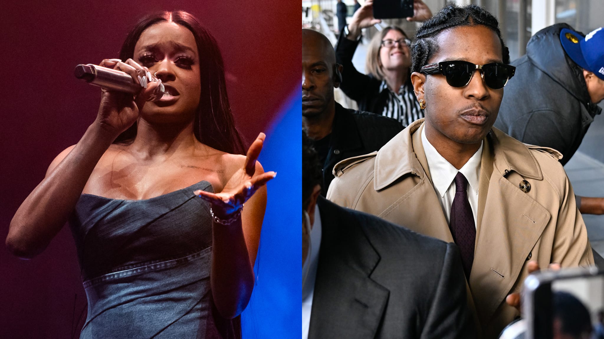 (L) Azealia Banks performing in a denim dress. (R) ASAP Rocky arriving to court in a brown trench coat.