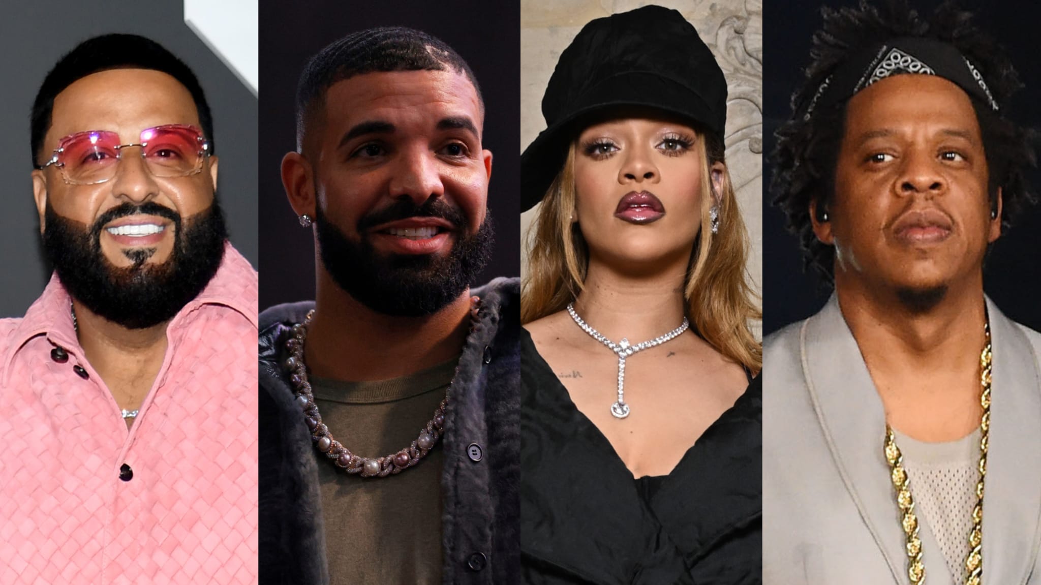 DJ Khaled, Drake, Rihanna, and Jay-Z are pictured side by side. DJ Khaled wears pink, Drake has a beaded necklace, Rihanna wears a black hat, and Jay-Z sports a bandana.